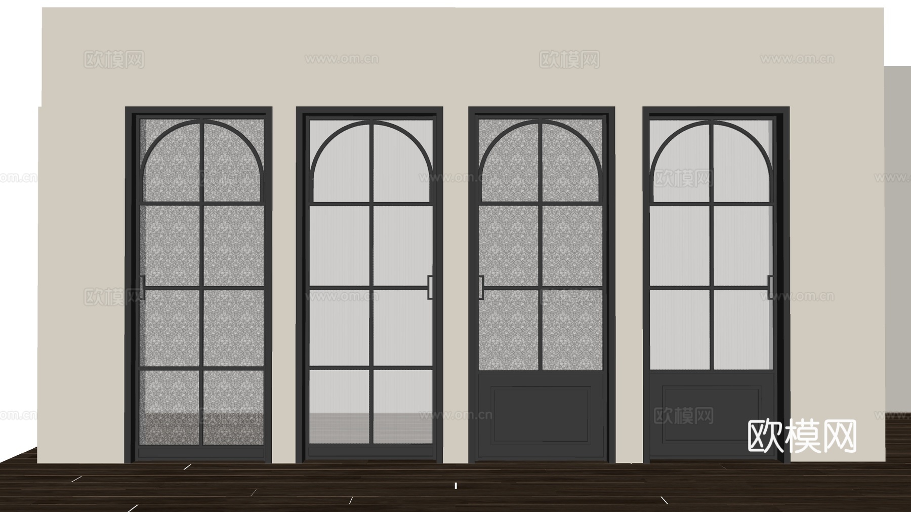 现代简约拱形门 隔断门 长虹玻璃门 黑色金属门框 竖条纹玻璃su模型
