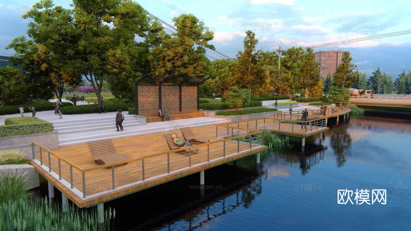 现代滨水景观 河岸景观 滨水景观公园 滨江栈道景观su模型