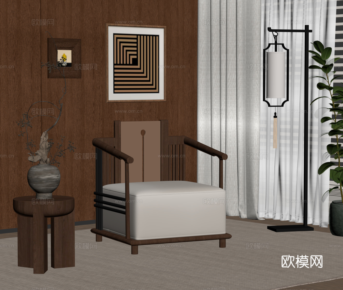 中古风休闲椅 边柜 落地灯su模型