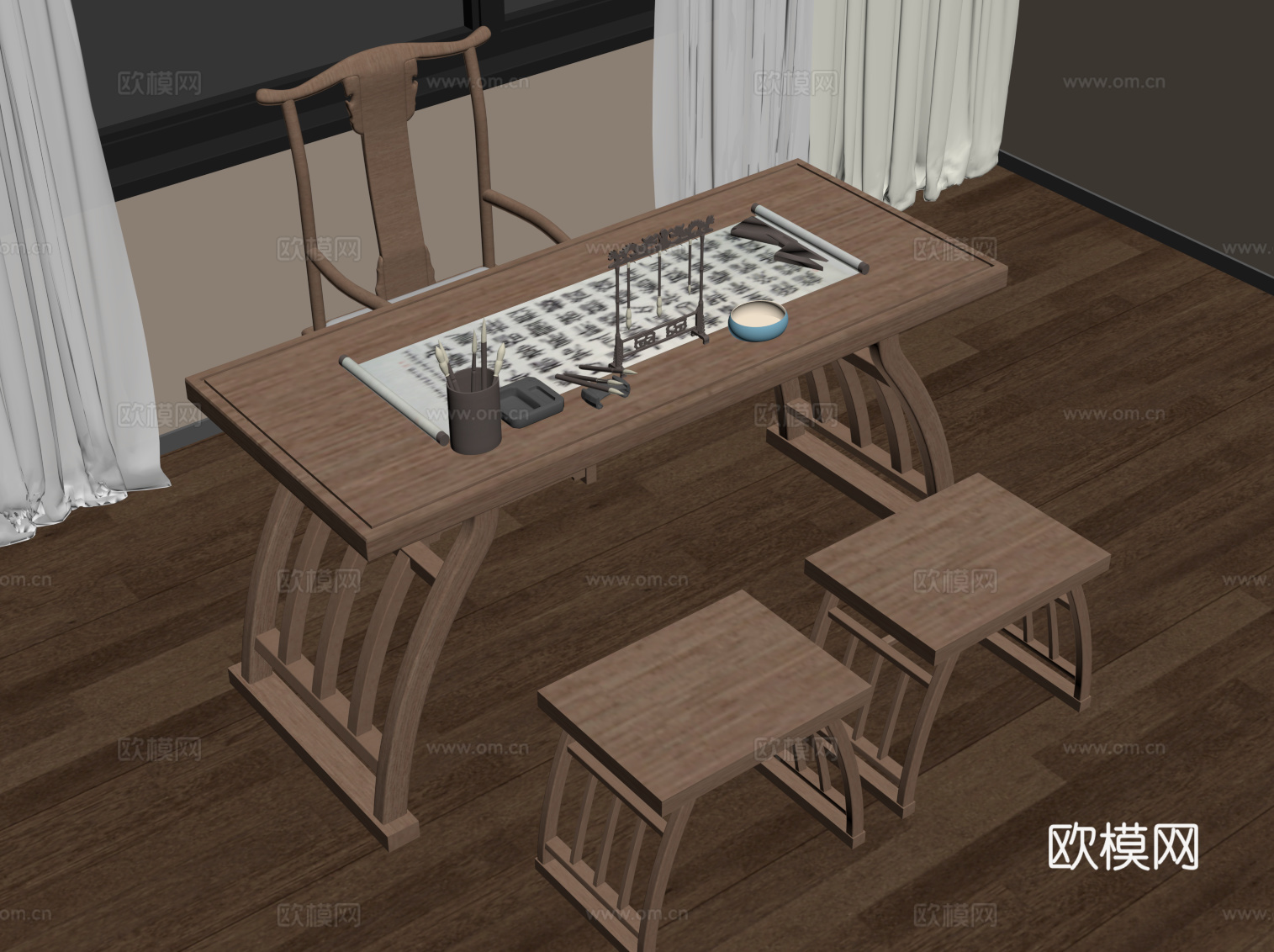 新中式书桌椅su模型