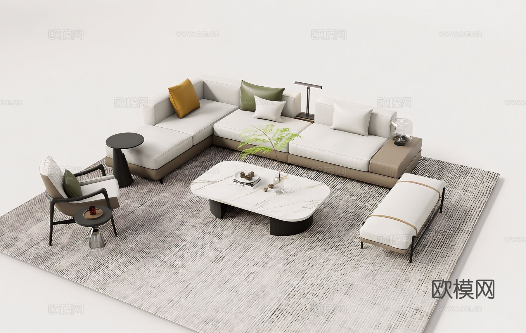 奶油风沙发茶几组合 L型沙发 布艺沙发 单人休闲椅 抱枕靠垫su模型