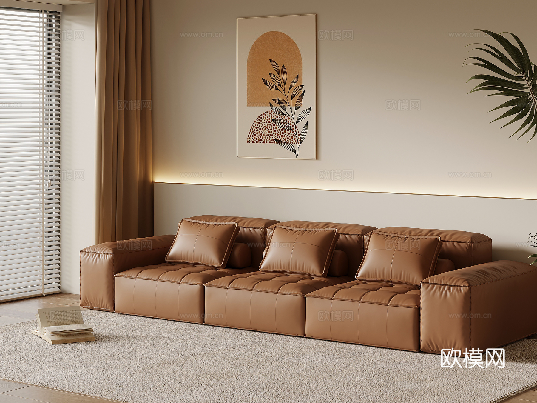 现代奶油风直排沙发 多人沙发 皮质沙发su模型