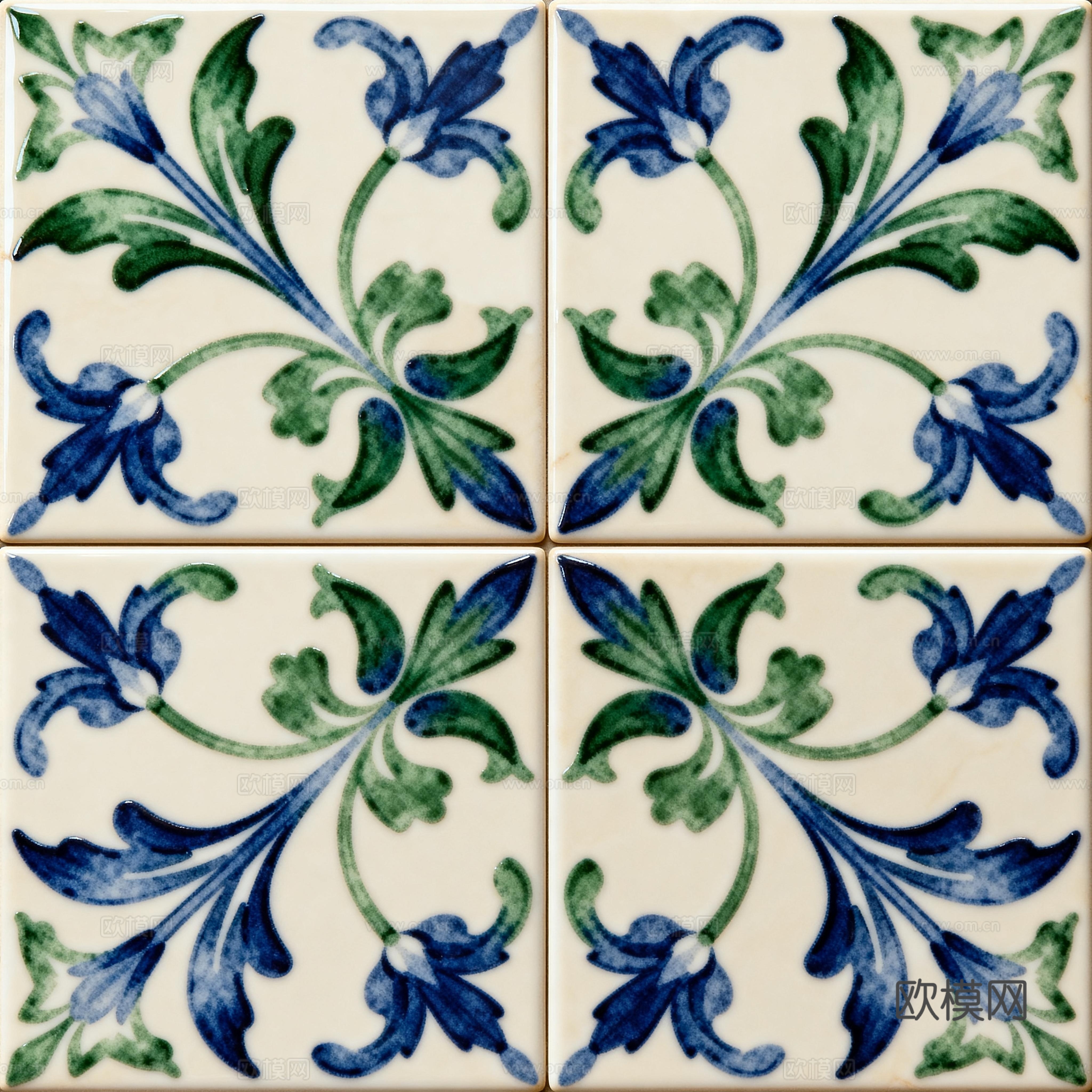 田园风 蓝绿色花砖 绿色手绘艺术花砖 工艺砖