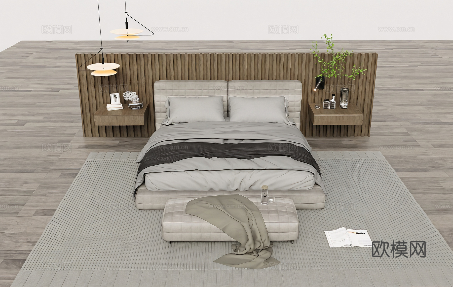 浅灰色软包床 悬浮式床头柜 深色竖条木纹床头 墙软包脚凳 床su模型
