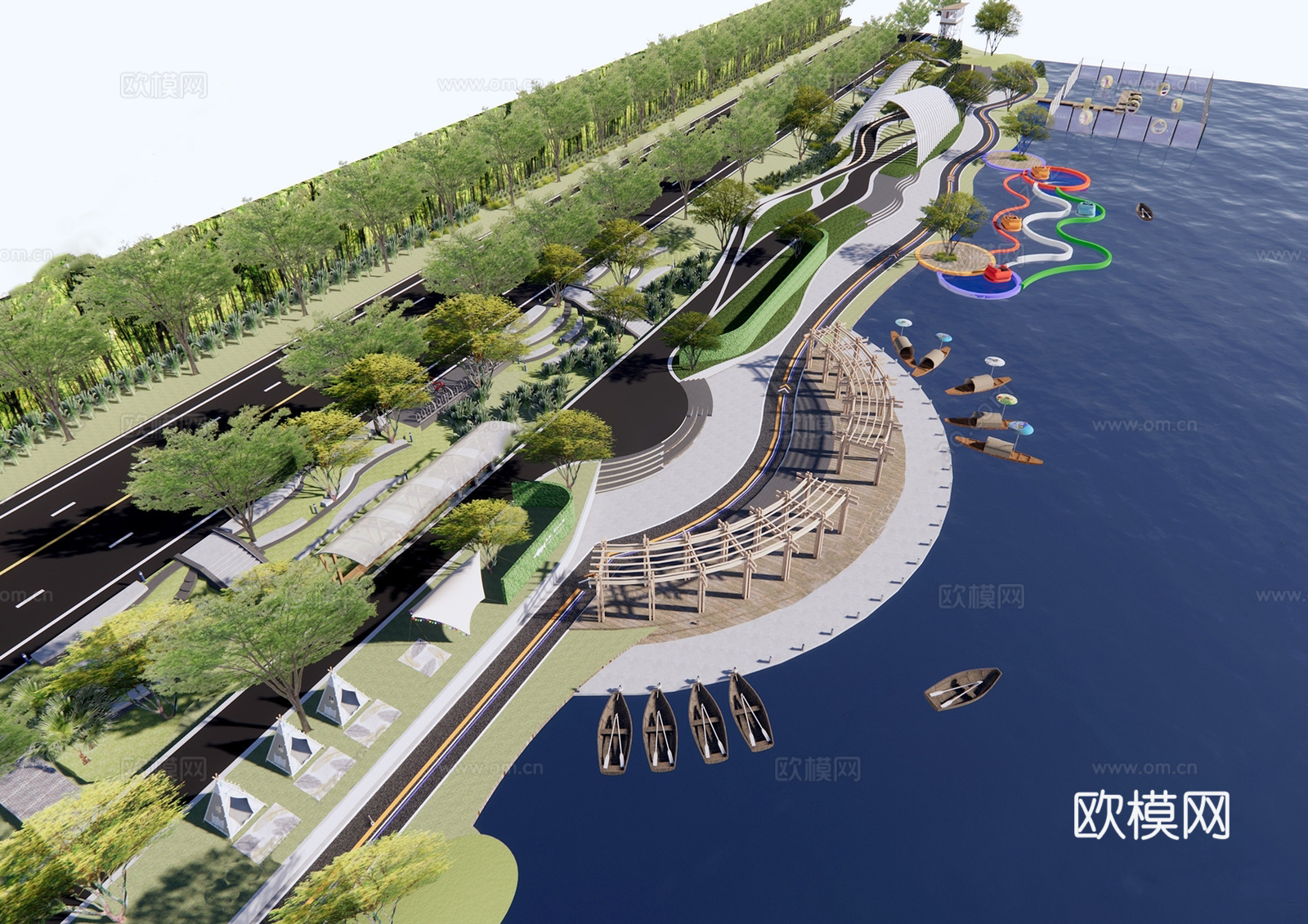 现代滨水景观 河岸景观 滨水景观公园 滨江栈道景观su模型