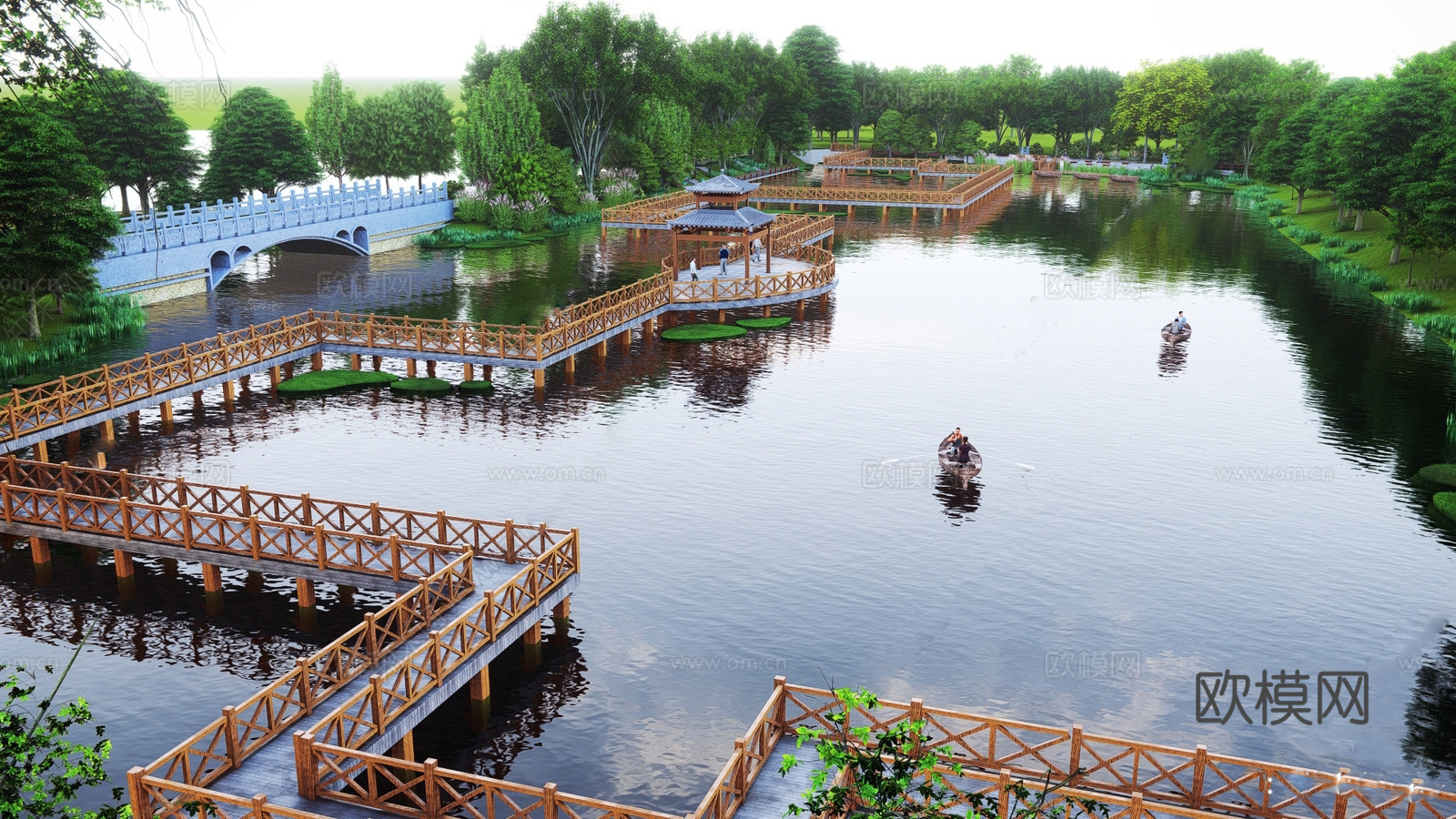 现代滨水景观 河岸景观 滨水景观公园 滨江栈道景观su模型