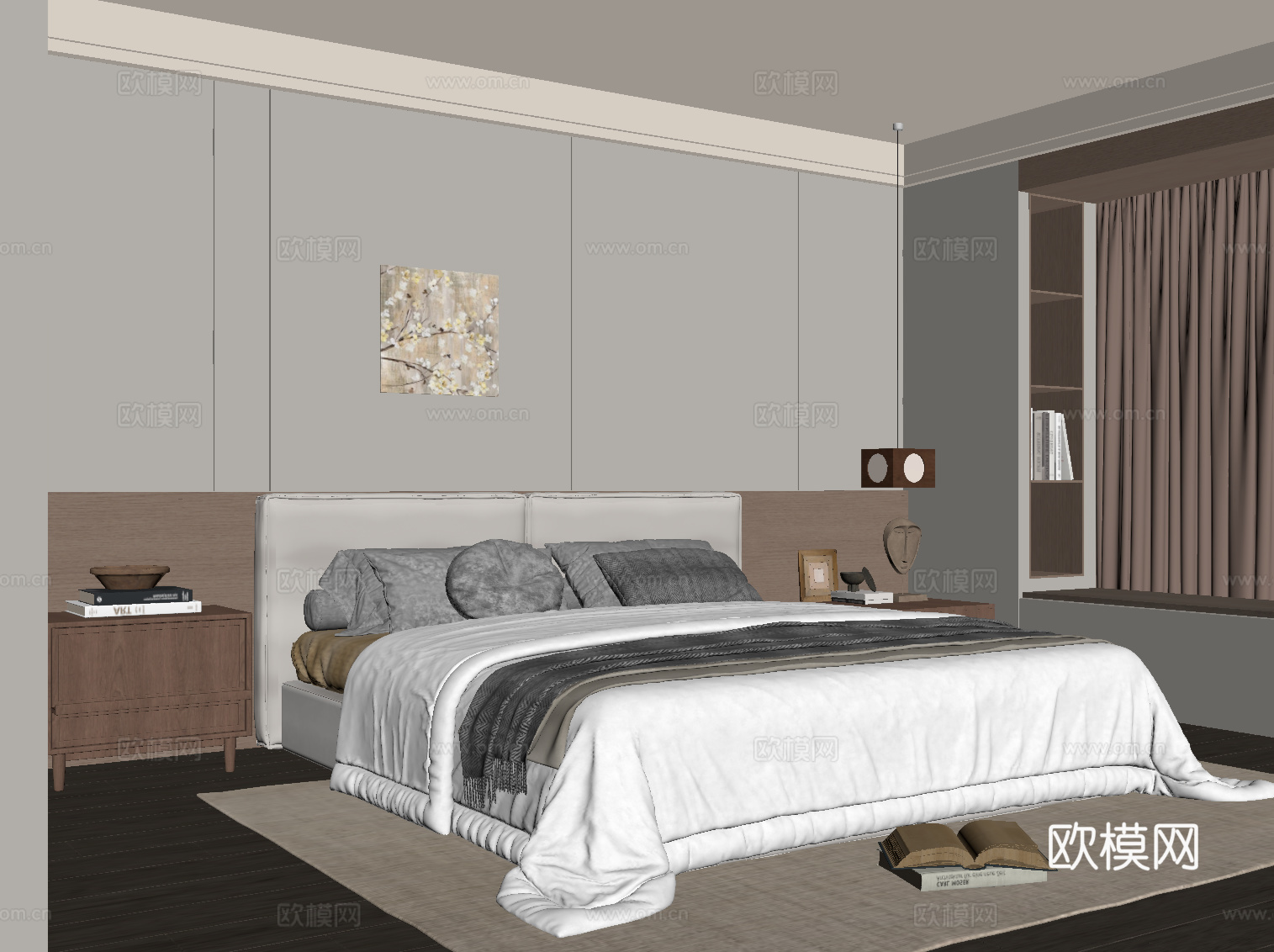 中古风卧室 双人床 床头柜su模型