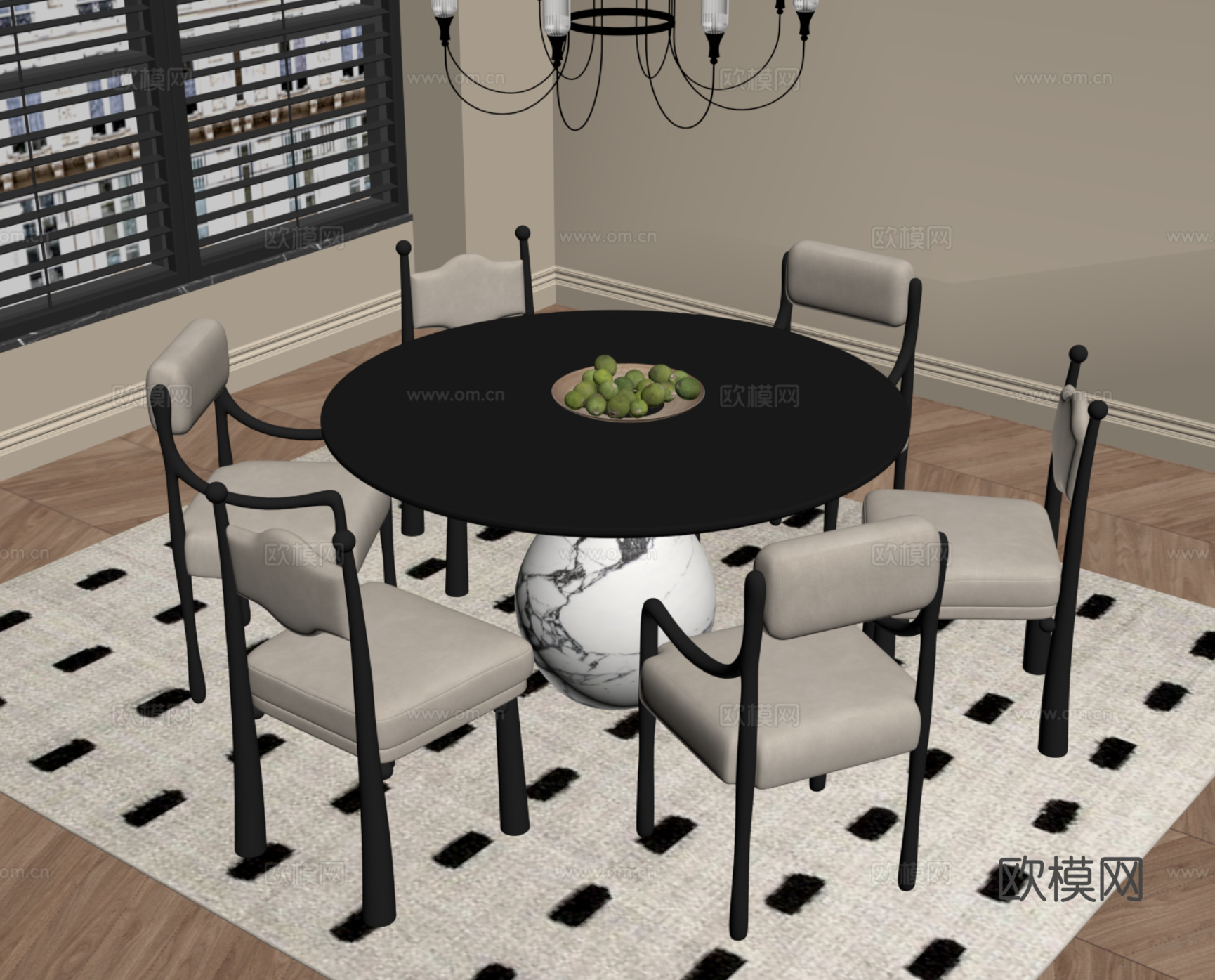 法式复古风餐桌椅 圆形餐桌 吊灯su模型