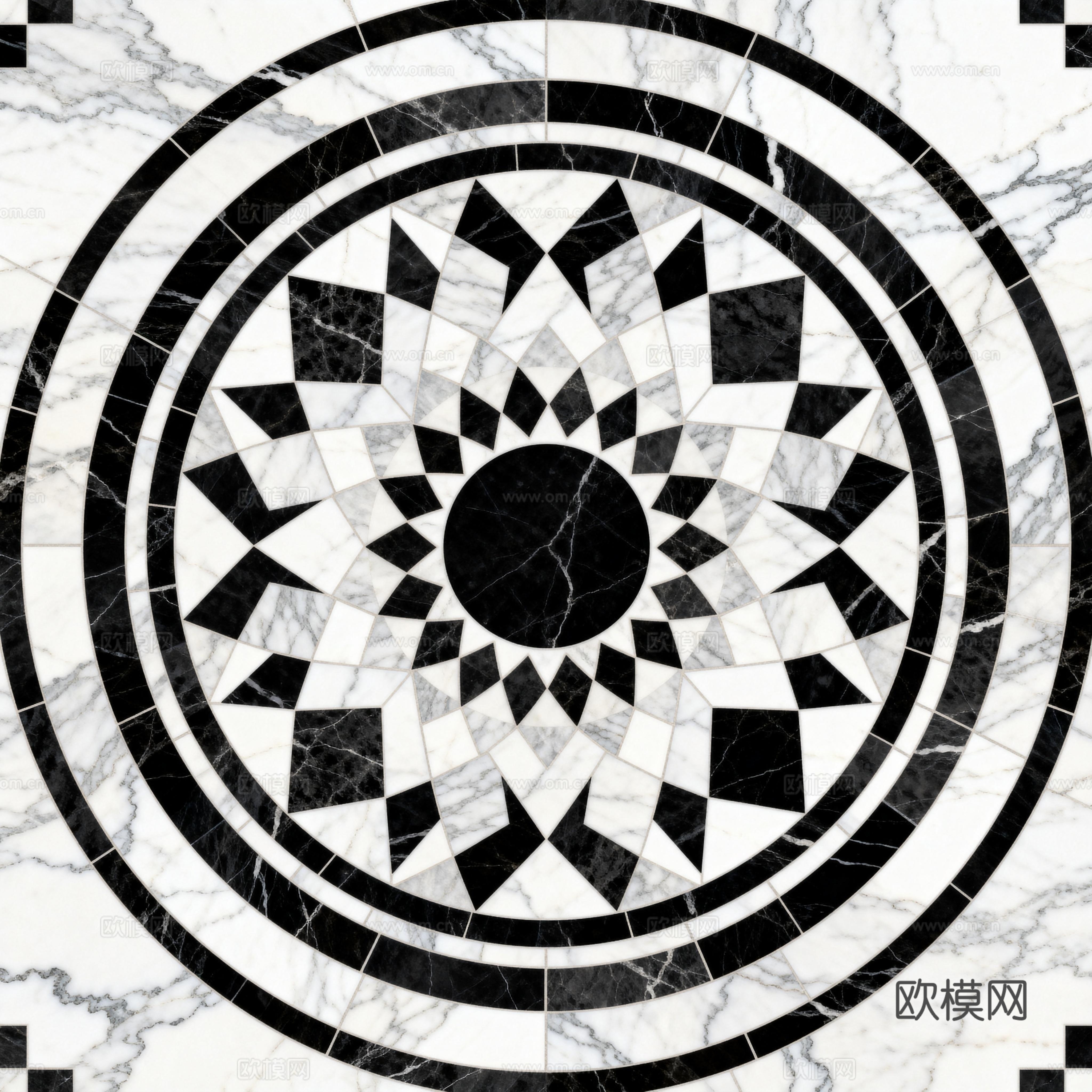 轻奢黑白拼花大理石 黑白石材圆形拼花 玄关圆形拼花