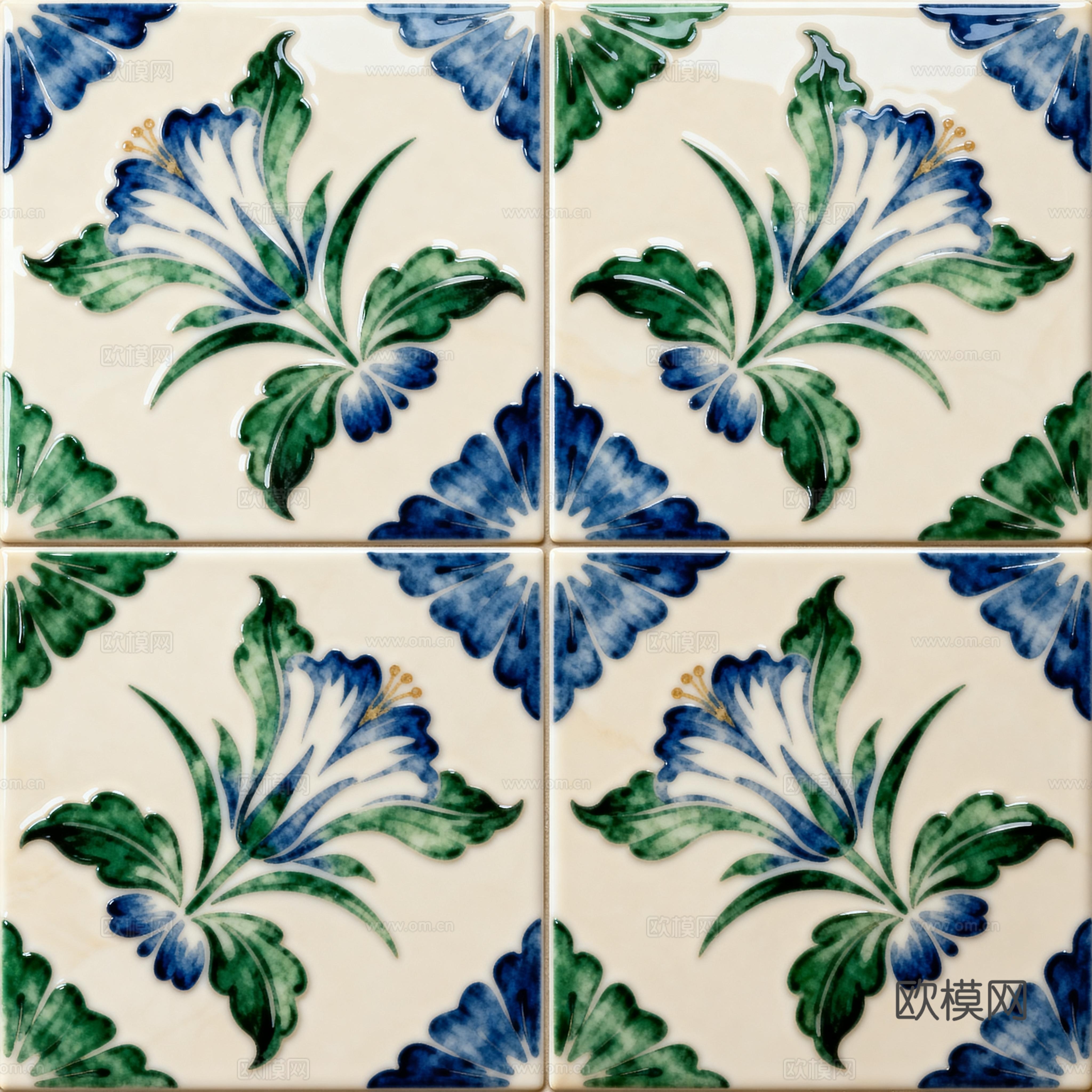 田园风 蓝绿色花砖 绿色手绘艺术花砖 工艺砖