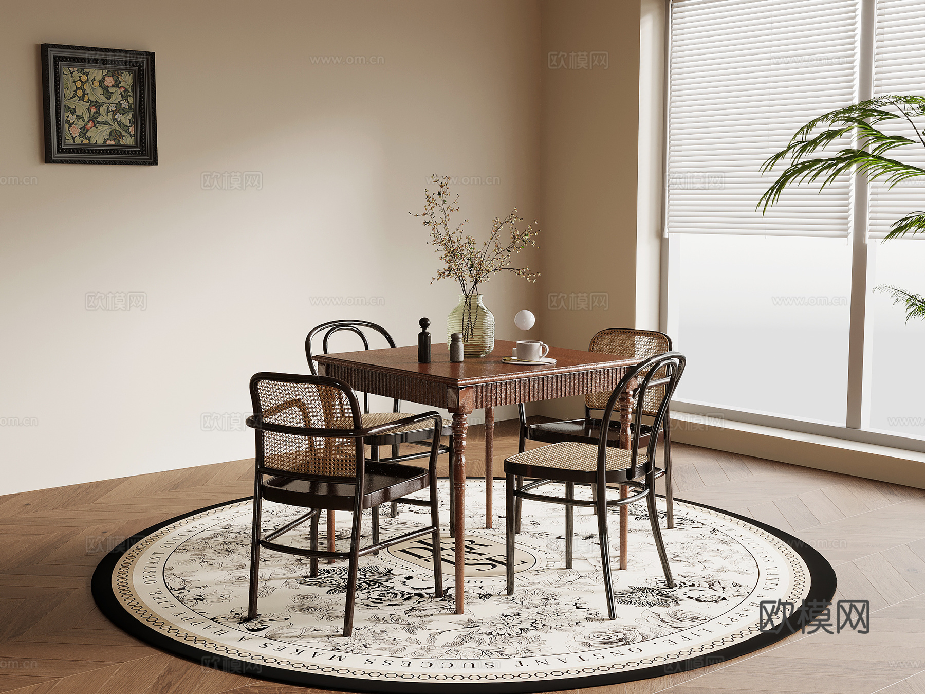 法式复古风餐桌椅 方形餐桌 藤编椅su模型