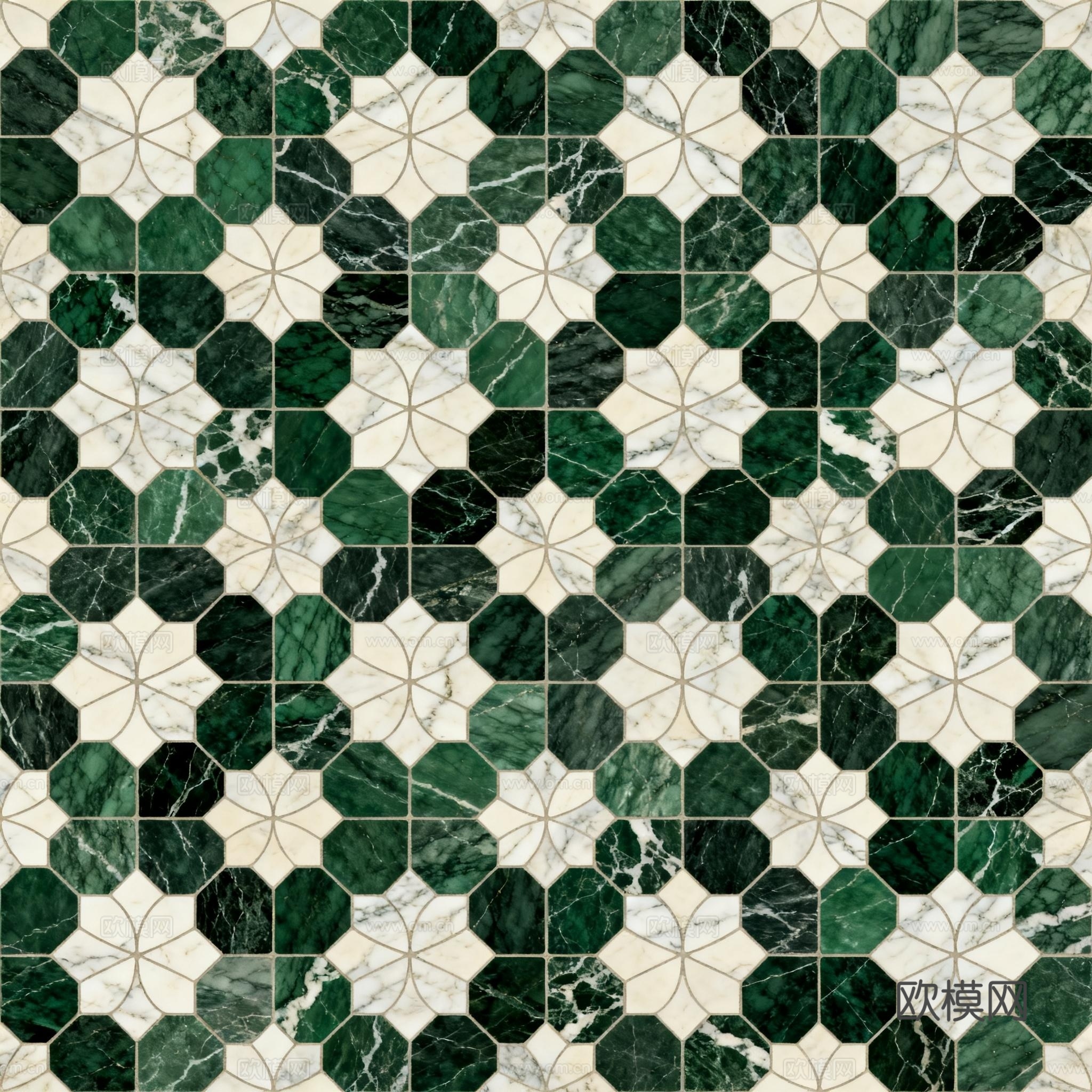 绿白色石材拼花 格子几何图案水切刀拼花石材 绿色石材马赛克