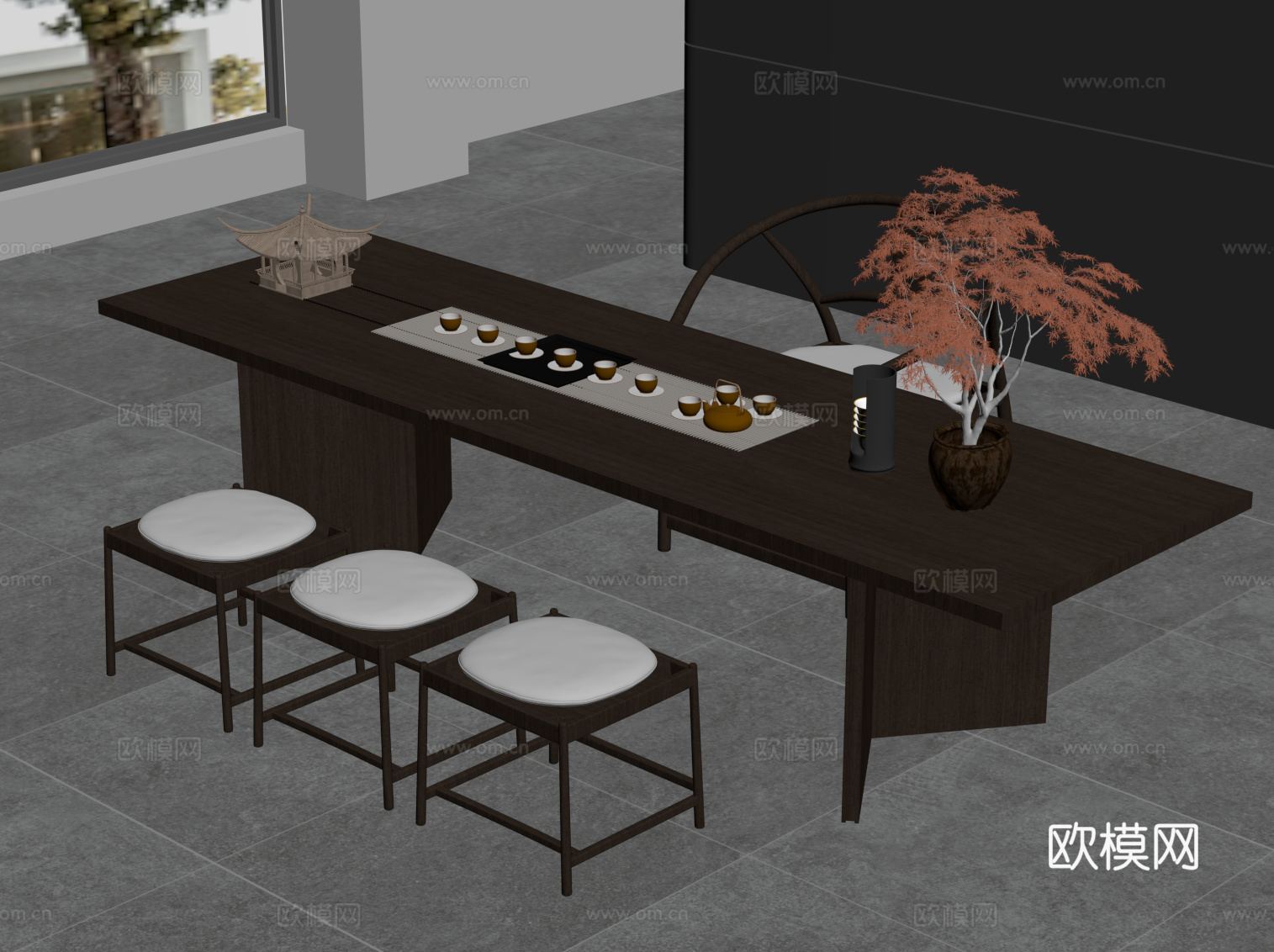 新中式茶桌椅 实木茶桌su模型