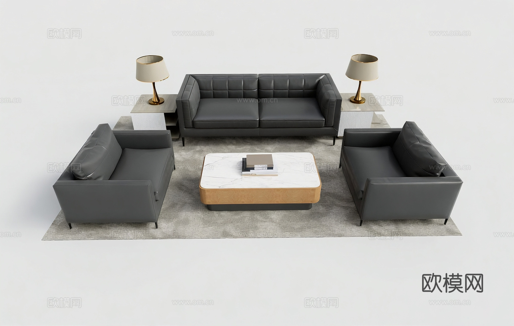 现代简约沙发组合  大理石茶几 皮质沙发深灰色 商务沙发su模型su模型