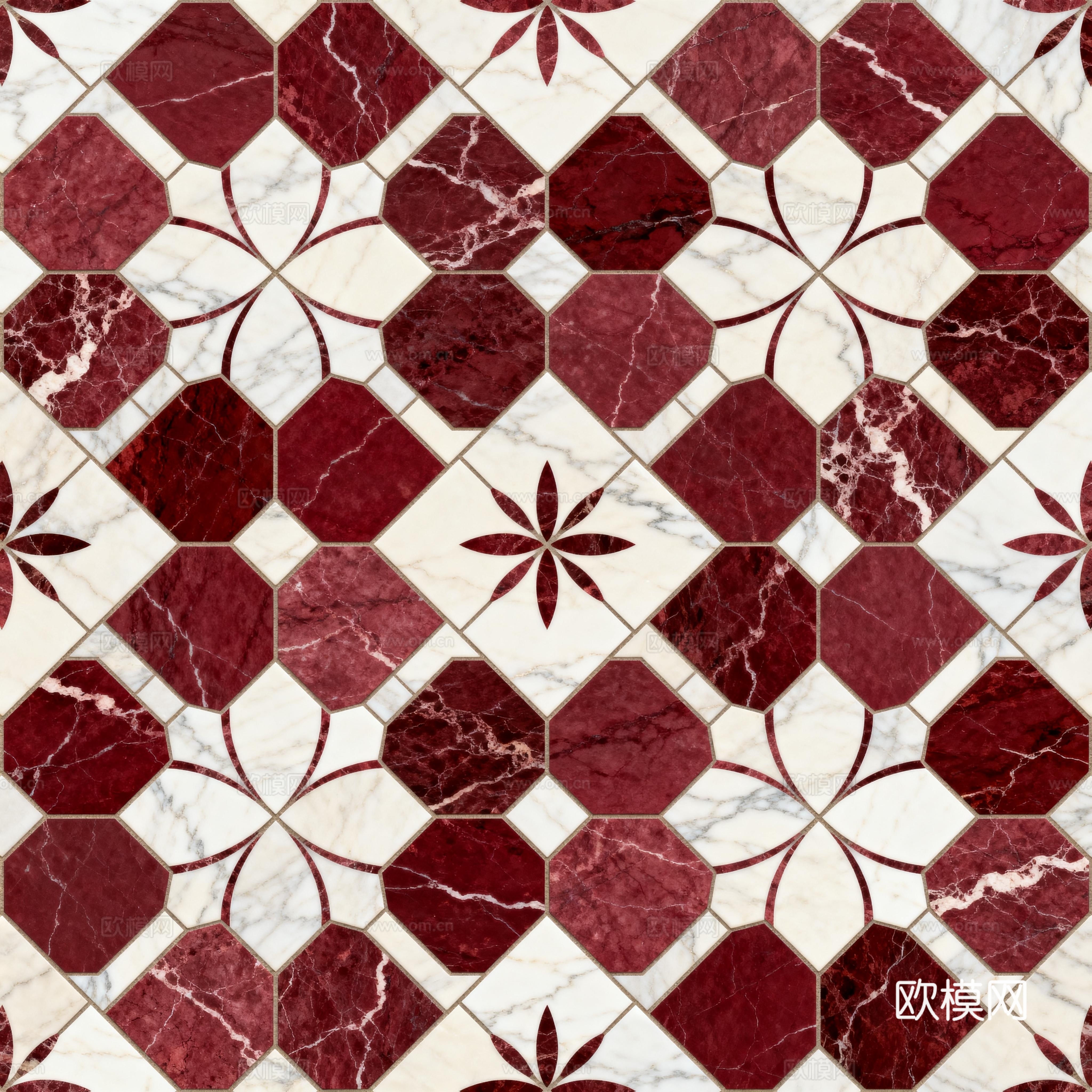 红白石材拼花 花卉几何图案水切刀拼花地砖 轻奢红白拼花大理石