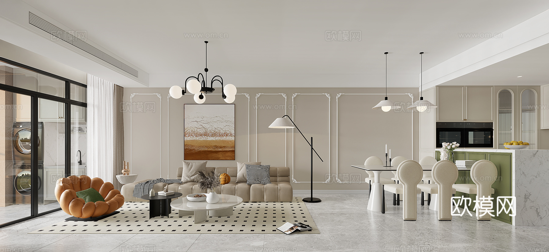 法式奶油风大平层 样板间 最新全套施工图 效果图合集cad施工图