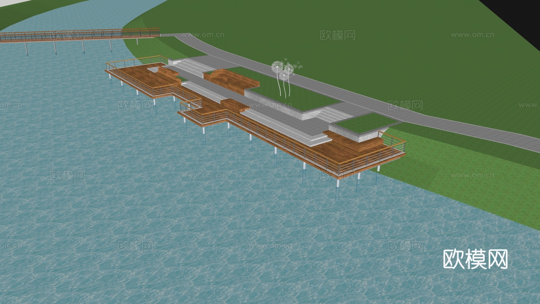 现代滨水景观 河岸景观 滨水景观公园 滨江栈道景观su模型