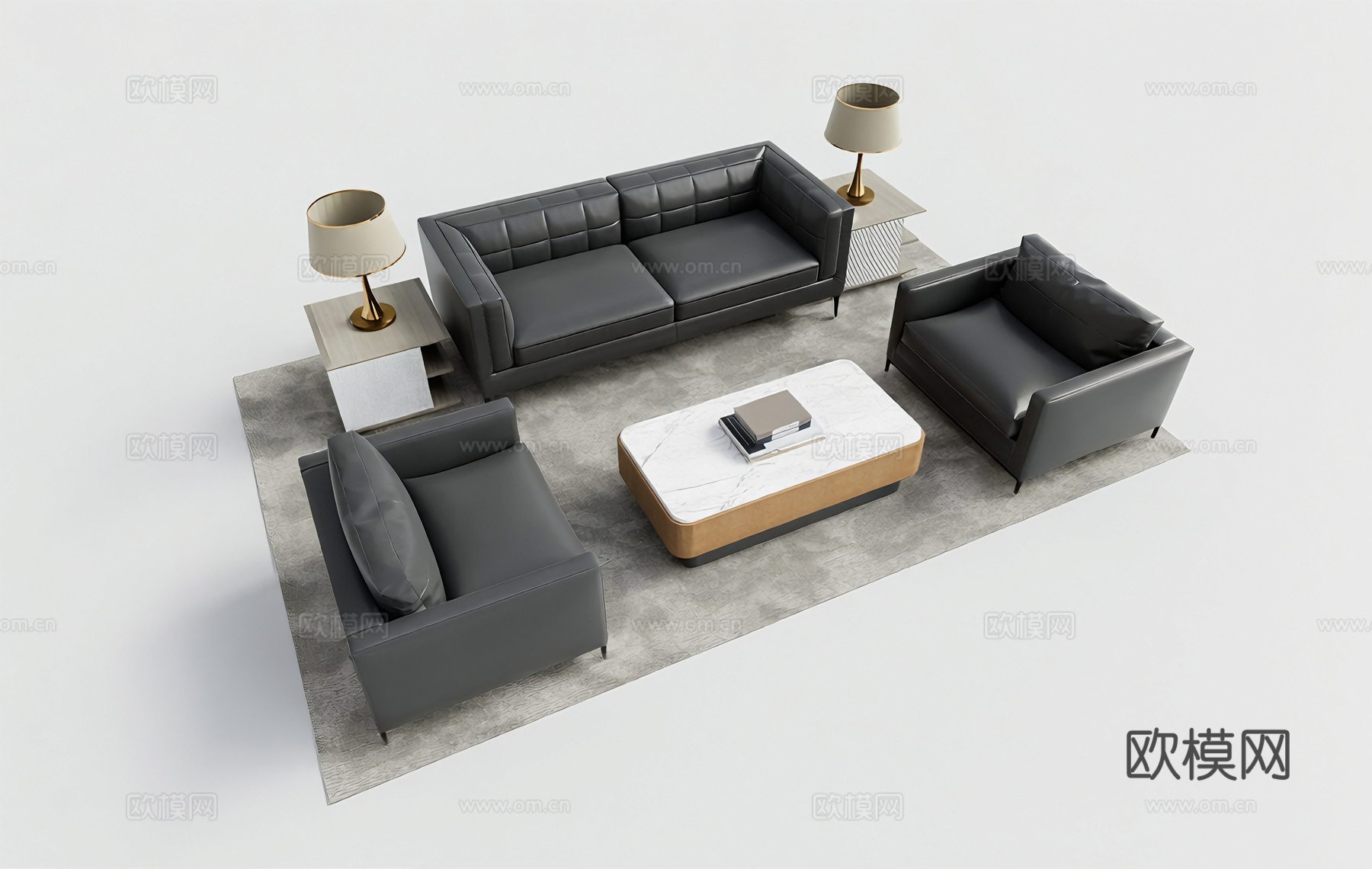 现代简约沙发组合  大理石茶几 皮质沙发深灰色 商务沙发su模型su模型