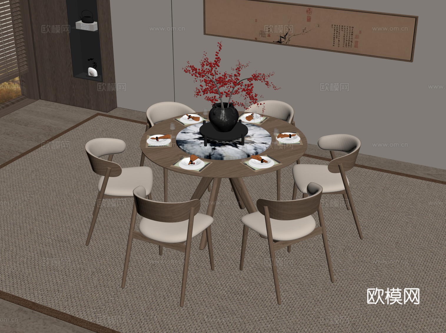新中式餐桌椅 圆形餐桌su模型