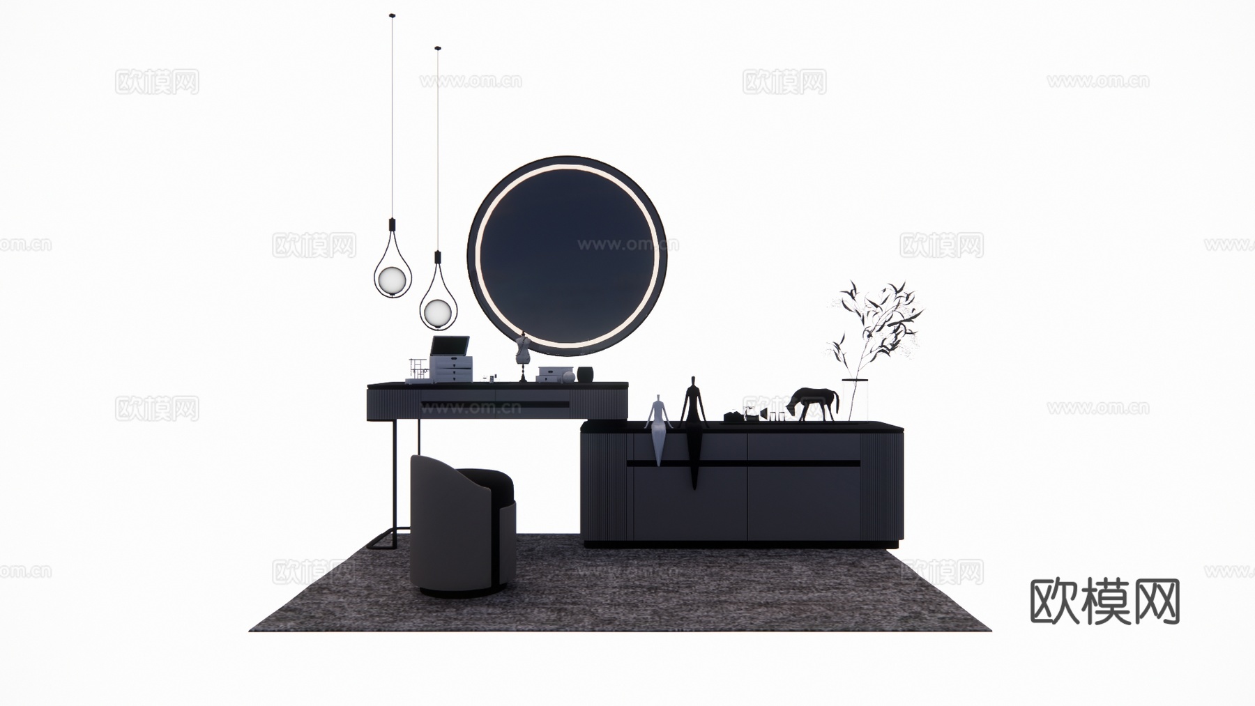 卧室 晾衣架 吹风机 衣服 化妆 桌子 镜子 梳妆镜 衣柜su模型