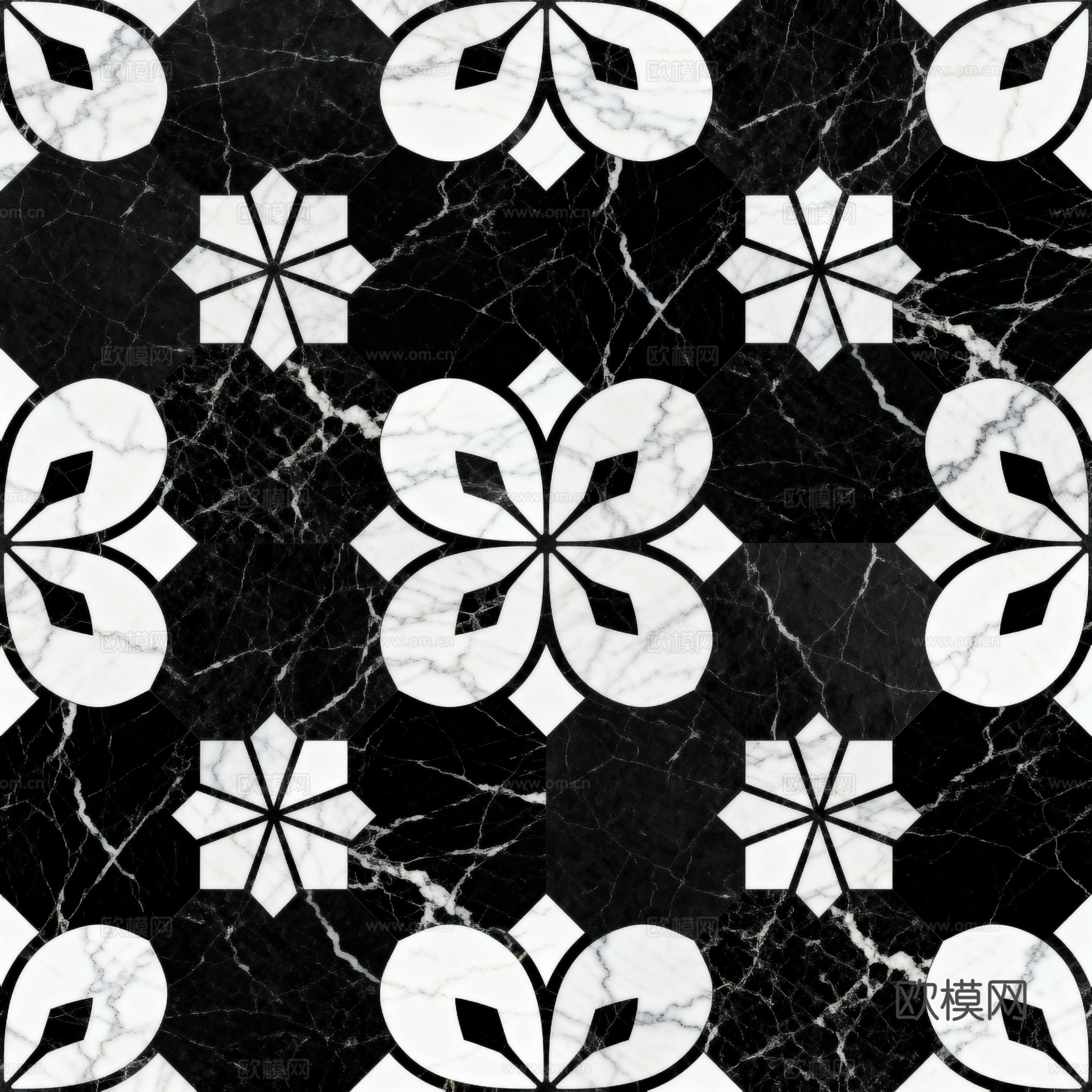 花砖 黑白石材拼花 花卉几何图案水刀石材拼花地砖 石材马赛克