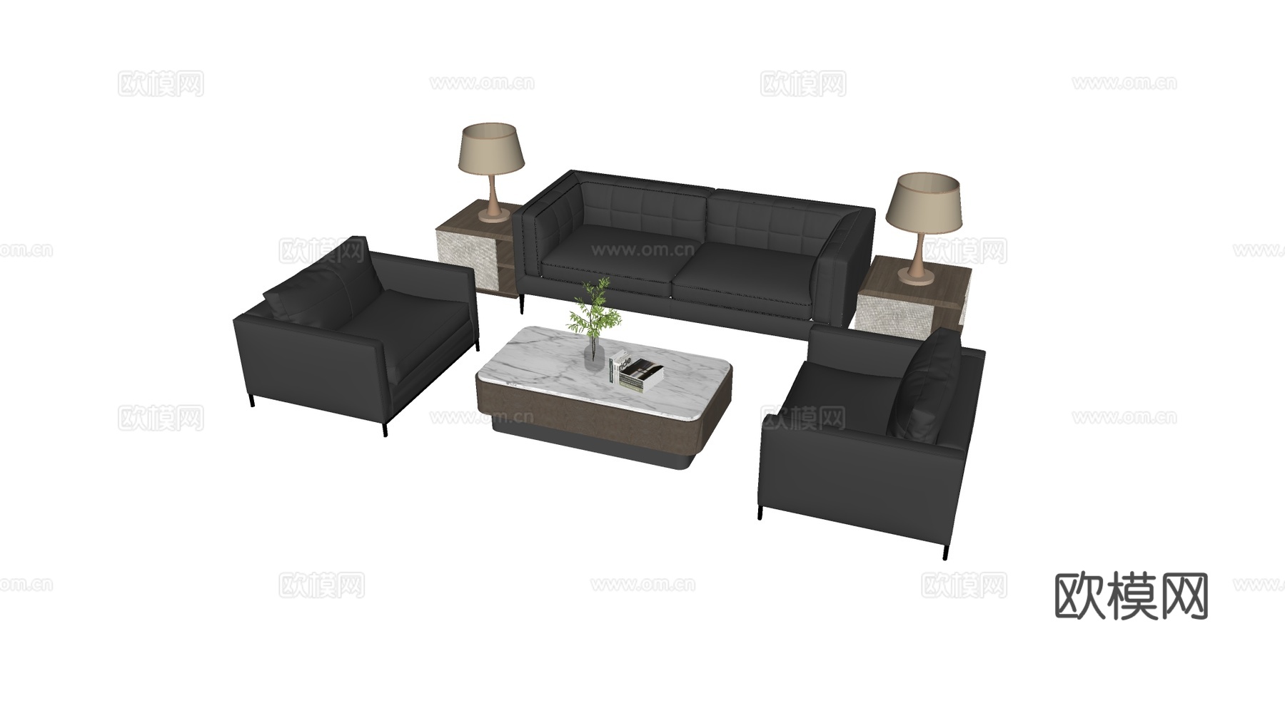 现代简约沙发组合  大理石茶几 皮质沙发深灰色 商务沙发su模型su模型