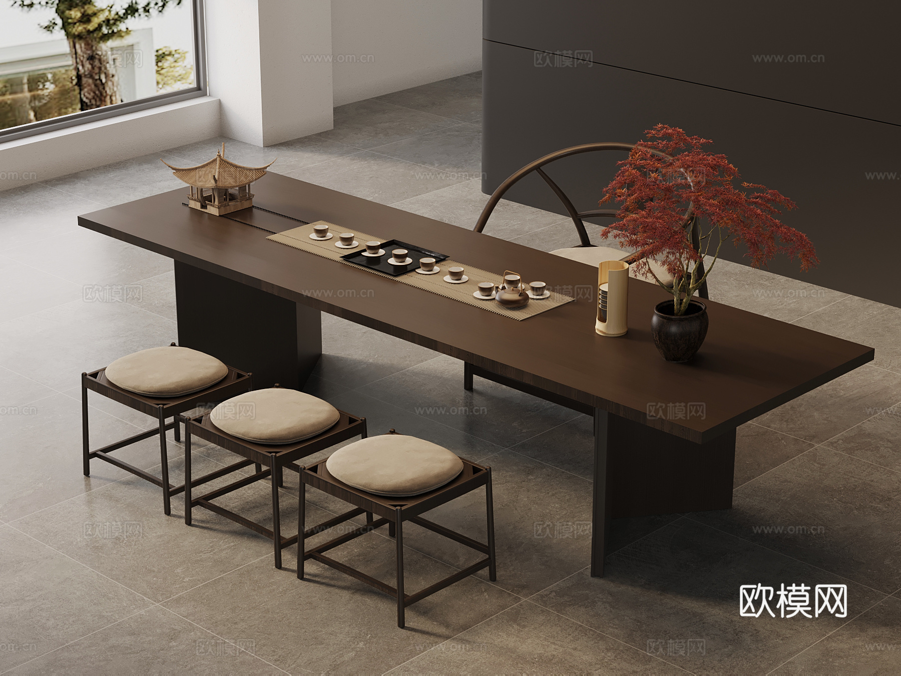 新中式茶桌椅 实木茶桌su模型