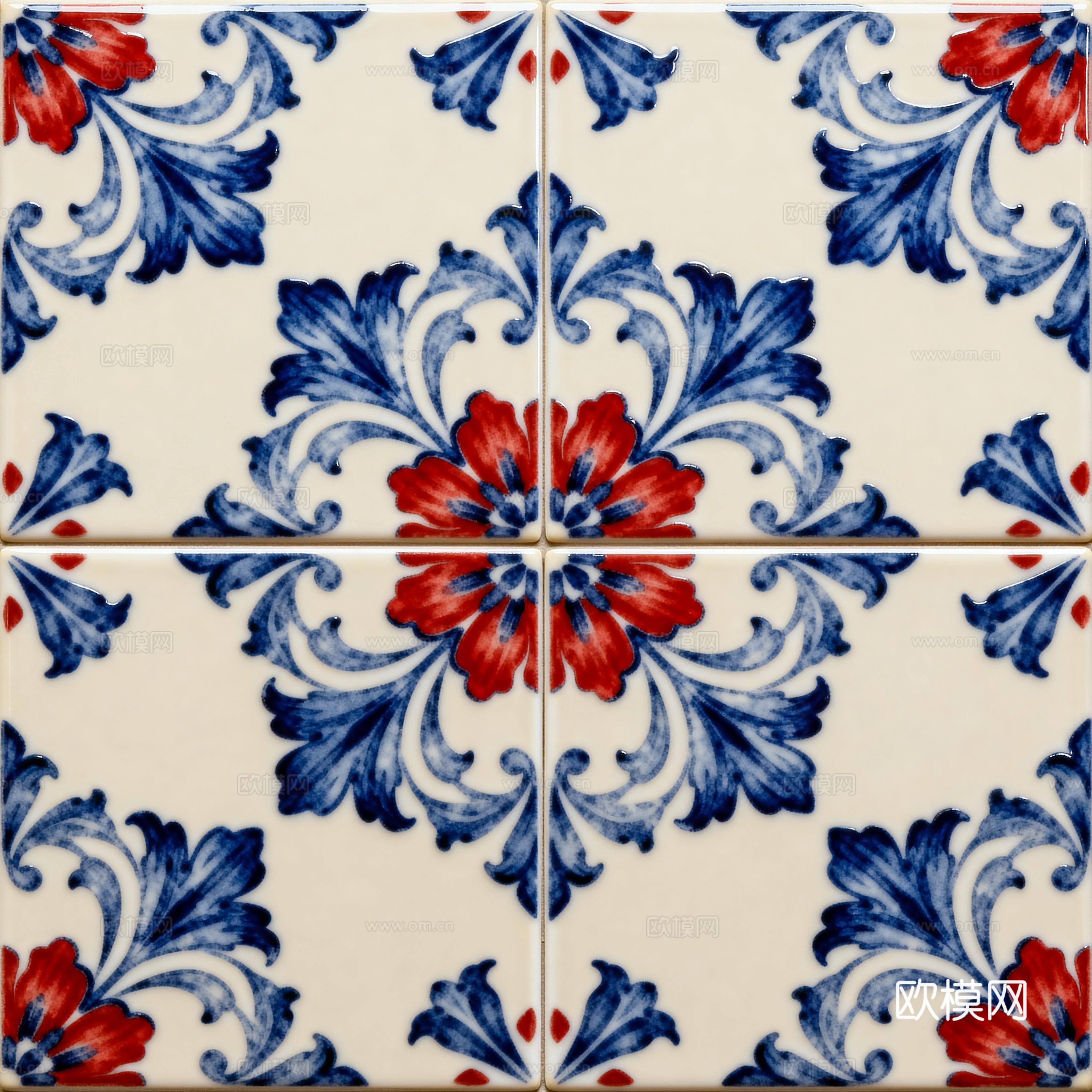 诧寂风工业风蓝红白色石材拼花 花卉图案水切刀拼花石材