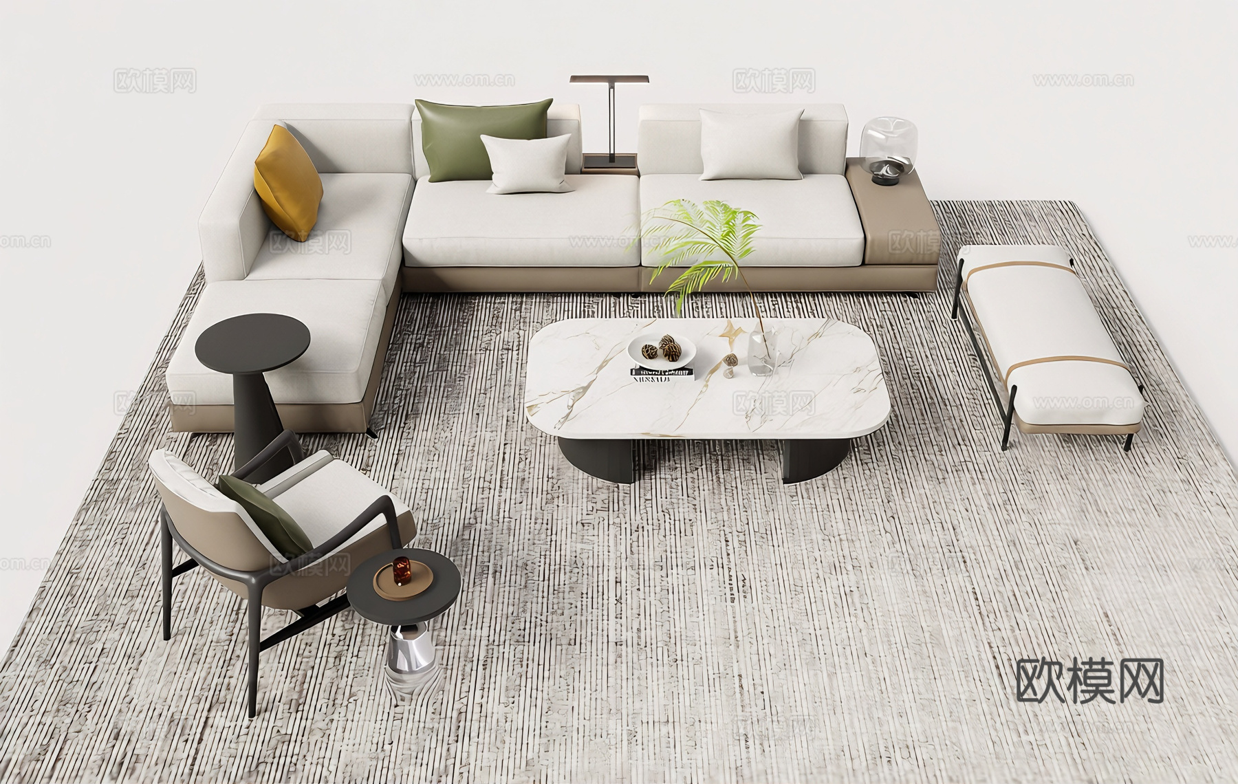 奶油风沙发茶几组合 L型沙发 布艺沙发 单人休闲椅 抱枕靠垫su模型