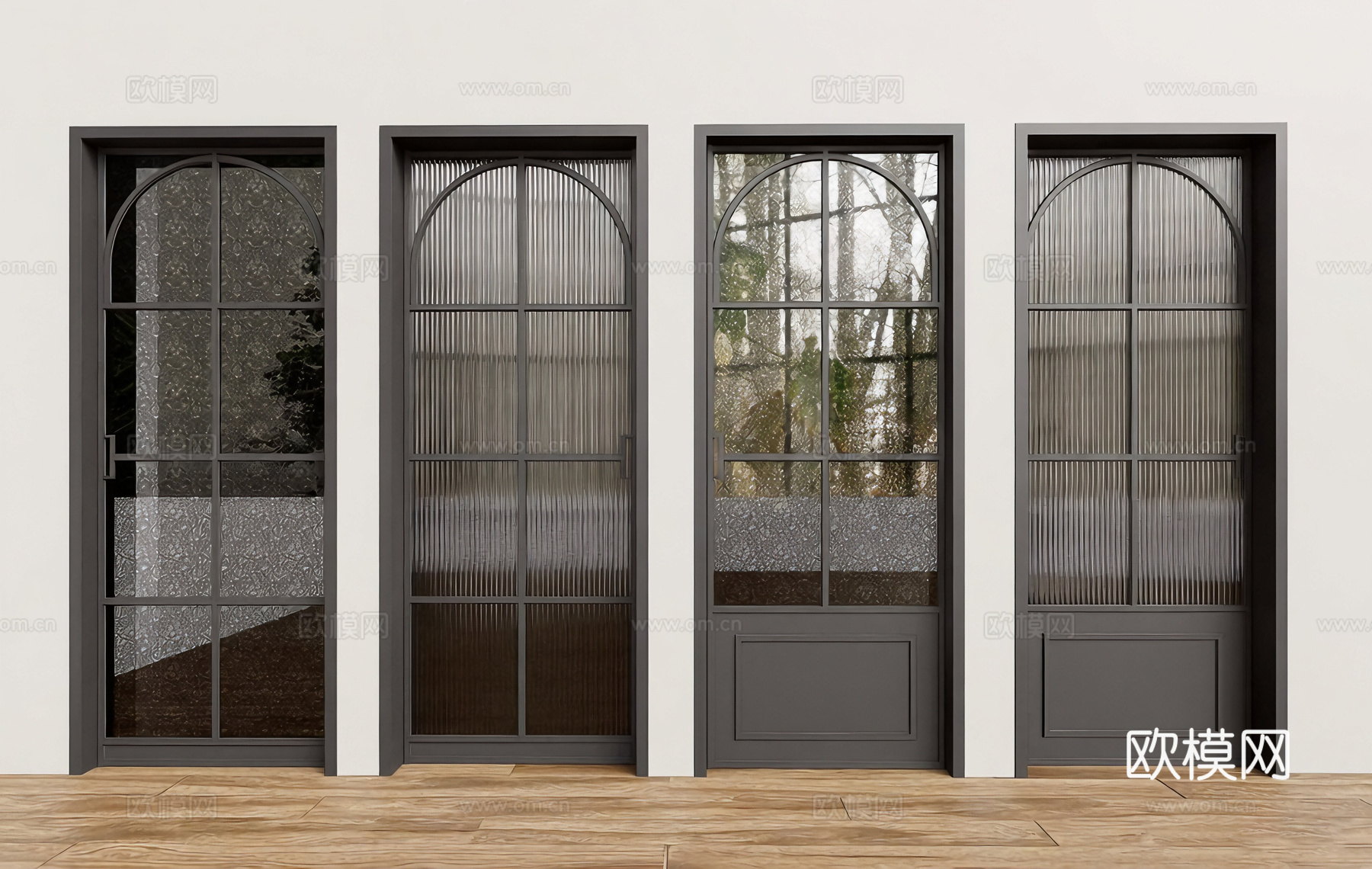 现代简约拱形门 隔断门 长虹玻璃门 黑色金属门框 竖条纹玻璃su模型