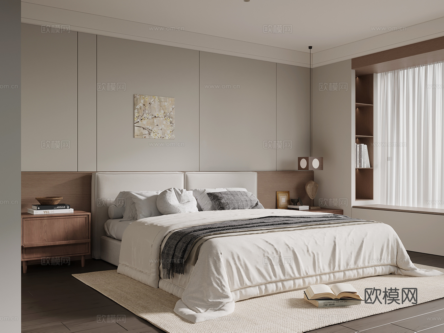 中古风卧室 双人床 床头柜su模型