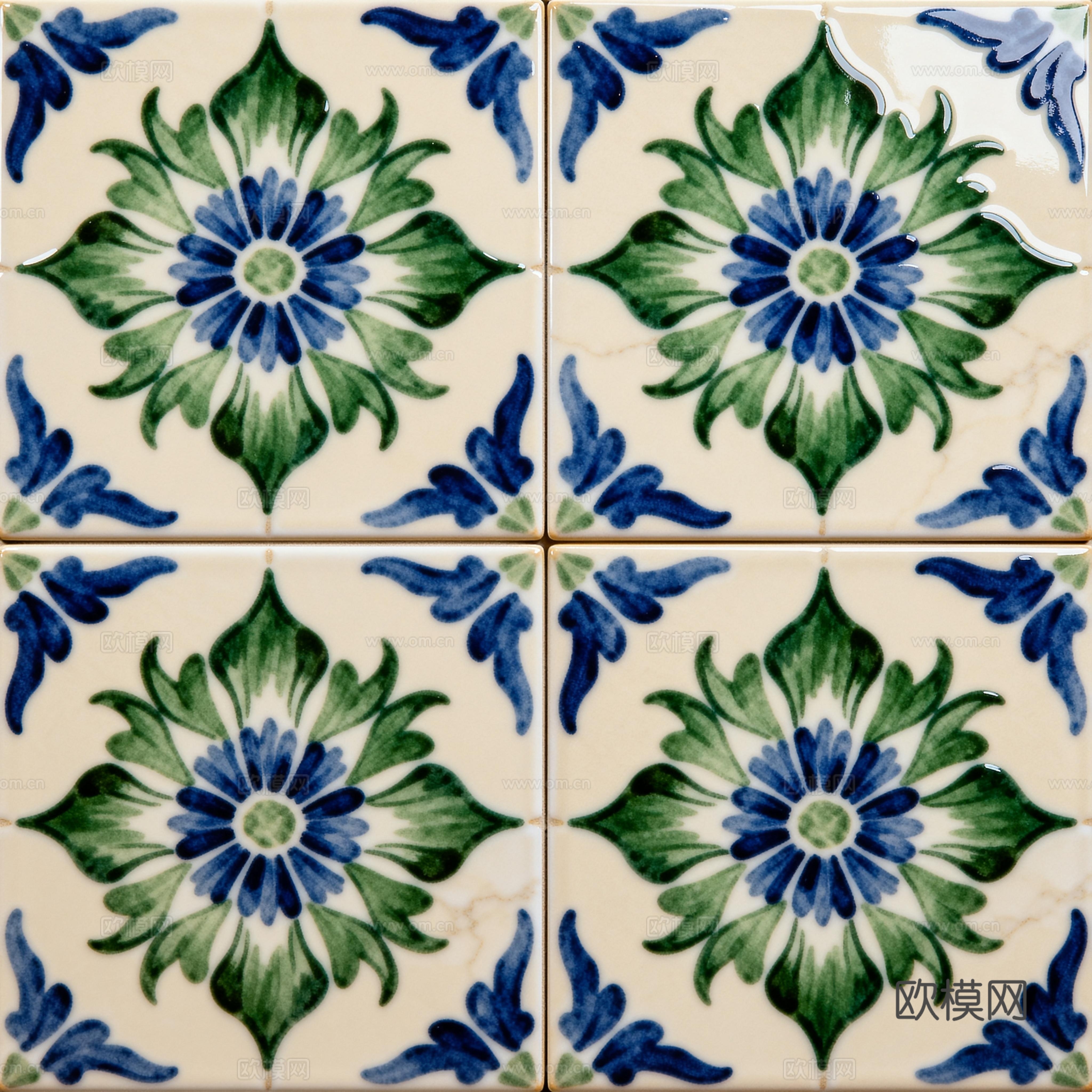 田园风 蓝绿色花砖 绿色手绘艺术花砖 工艺砖