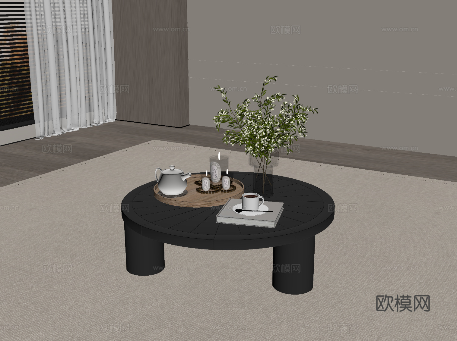 法式复古风茶几 实木茶几 圆形茶几su模型