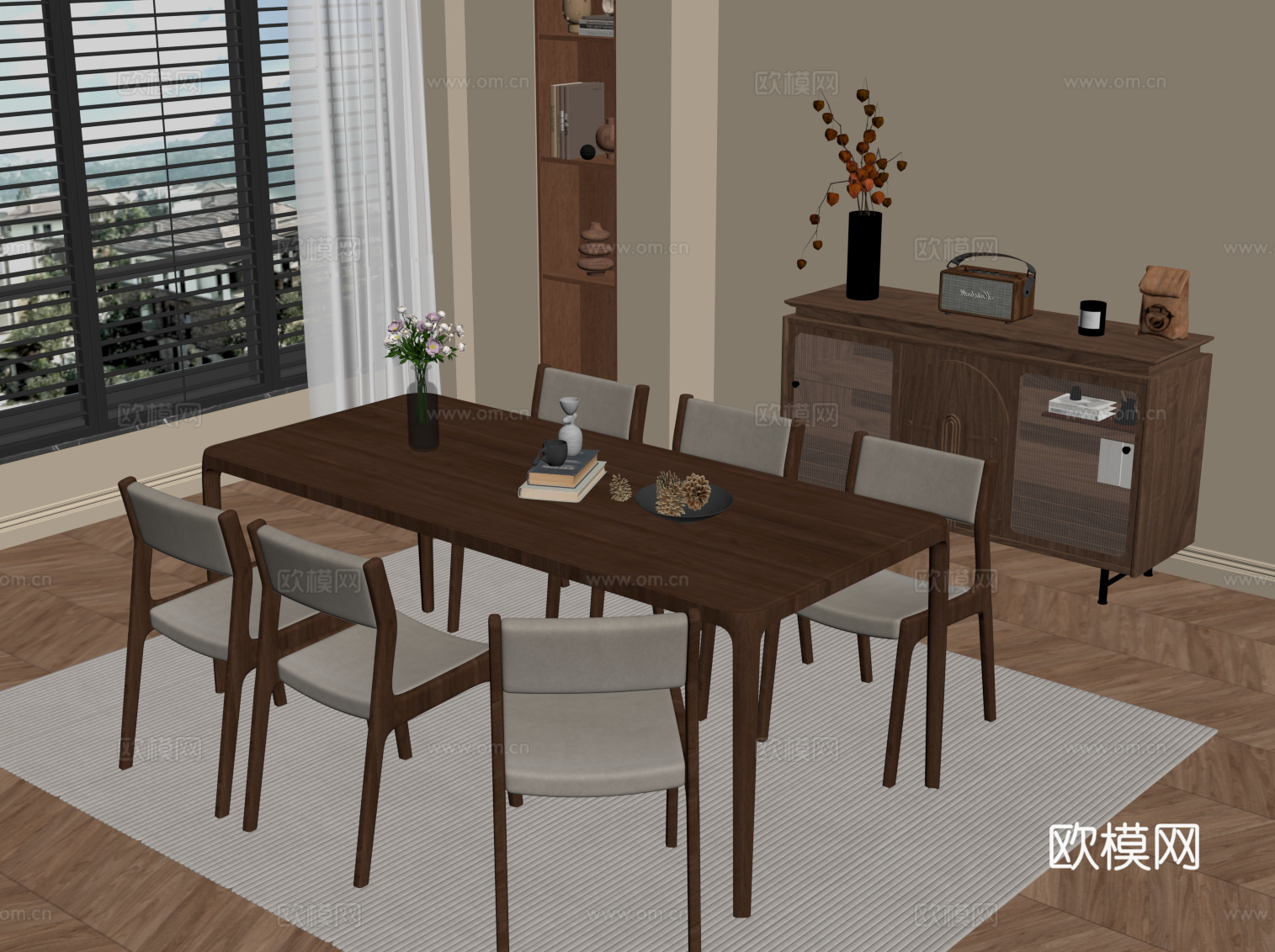 中古风餐厅 餐桌椅 餐边柜su模型