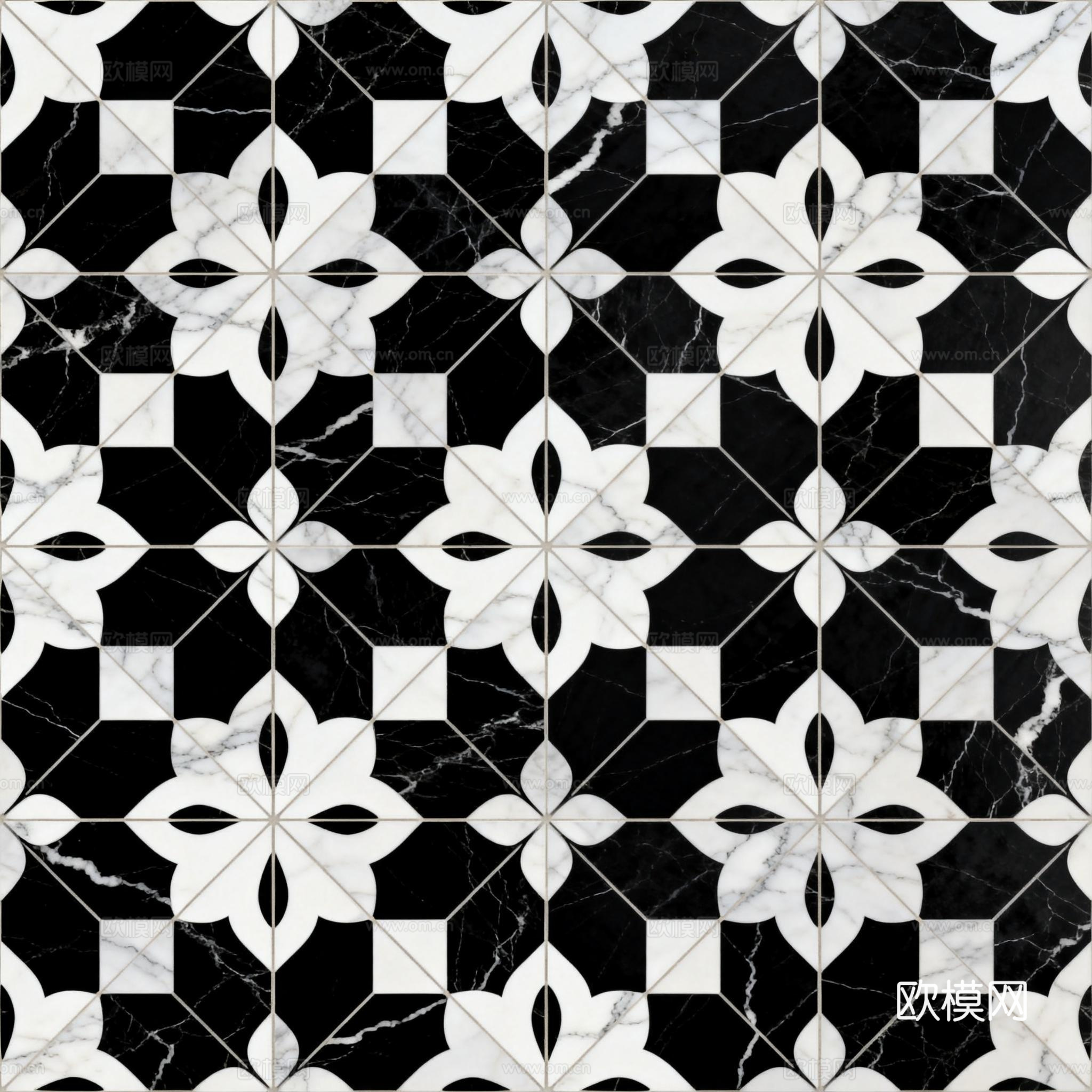 花砖 黑白石材拼花 花卉几何图案水刀石材拼花地砖 石材马赛克
