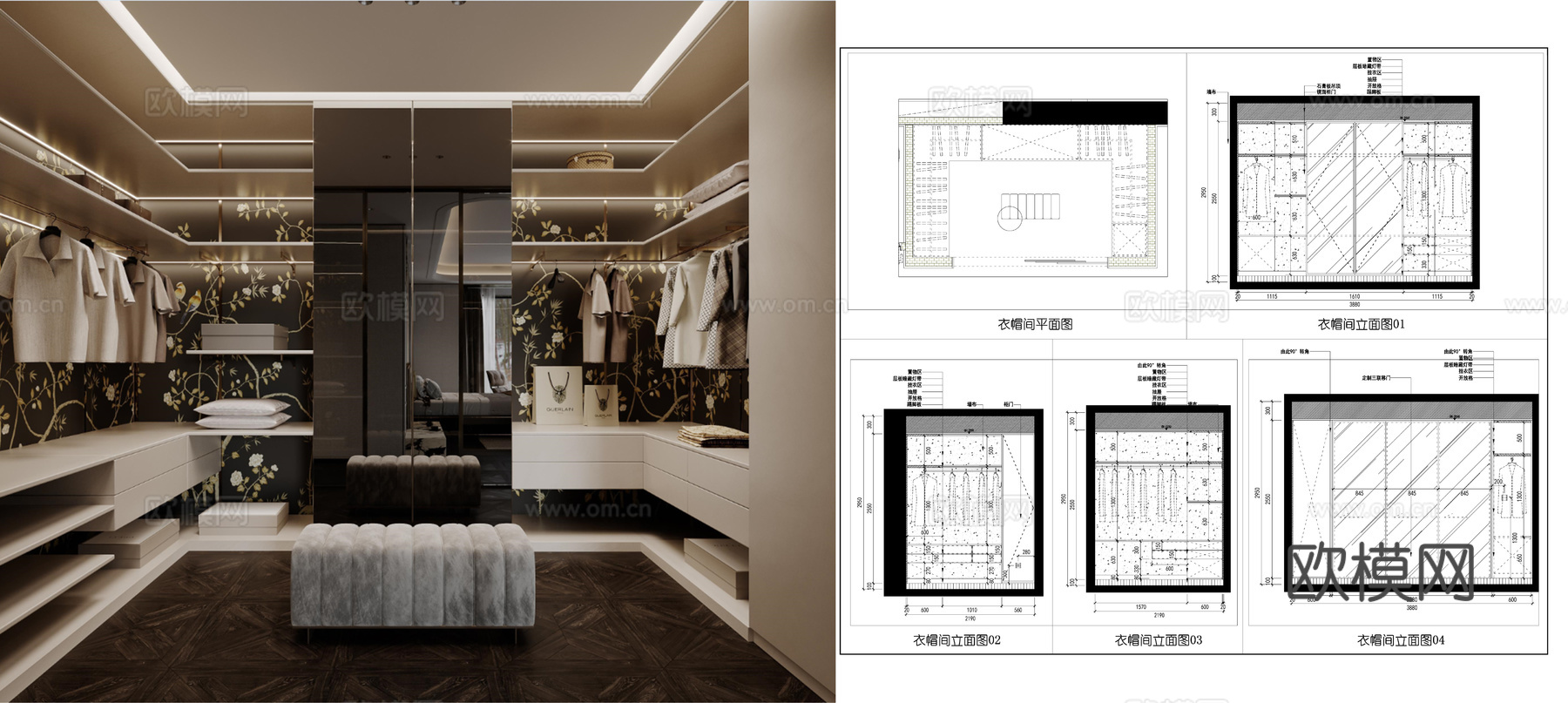 衣帽间立面图 卧室衣帽间  衣帽间布局 墙面节点cad施工图