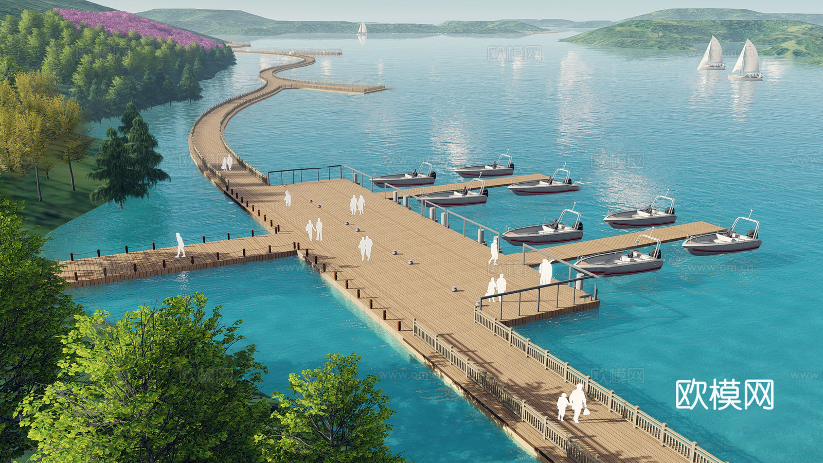 现代滨水景观 河岸景观 滨水景观公园 滨江栈道景观su模型
