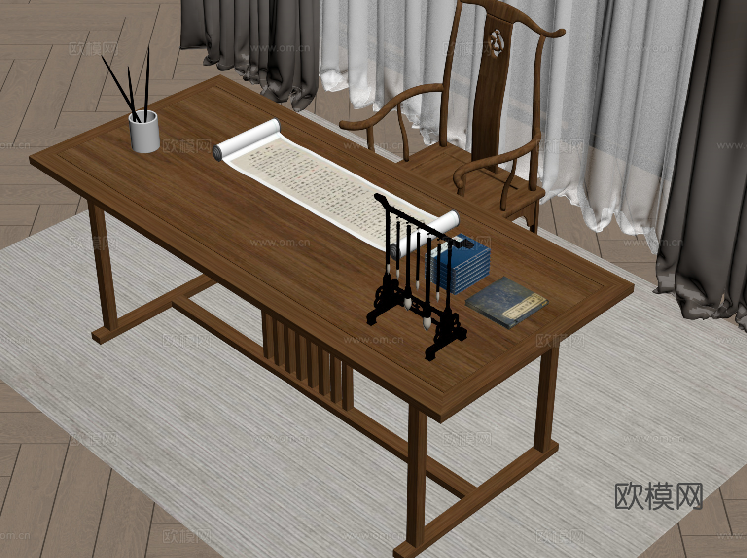新中式书桌椅su模型