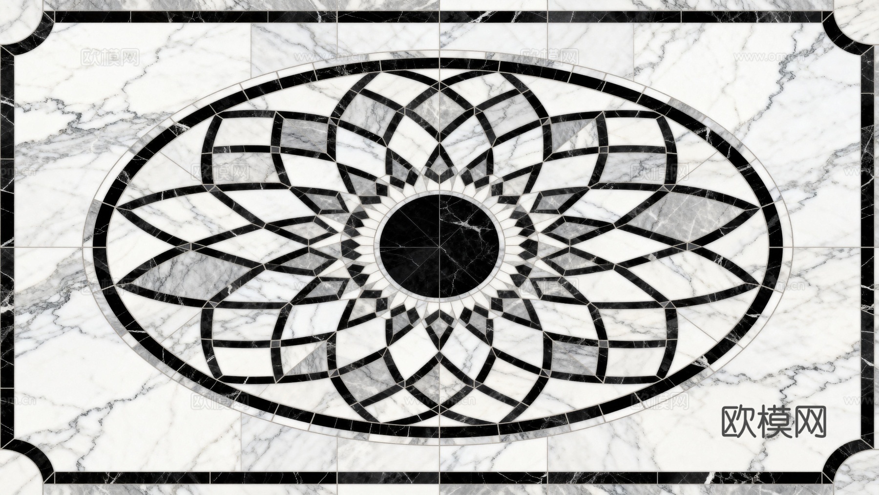 现代轻奢 黑白石材椭圆拼花 玄关石材拼花