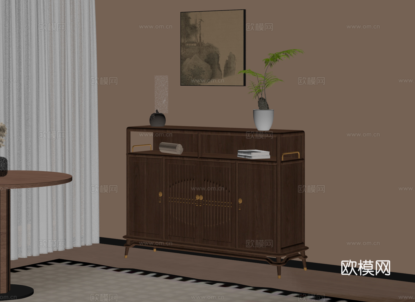 新中式餐边柜 玄关柜su模型