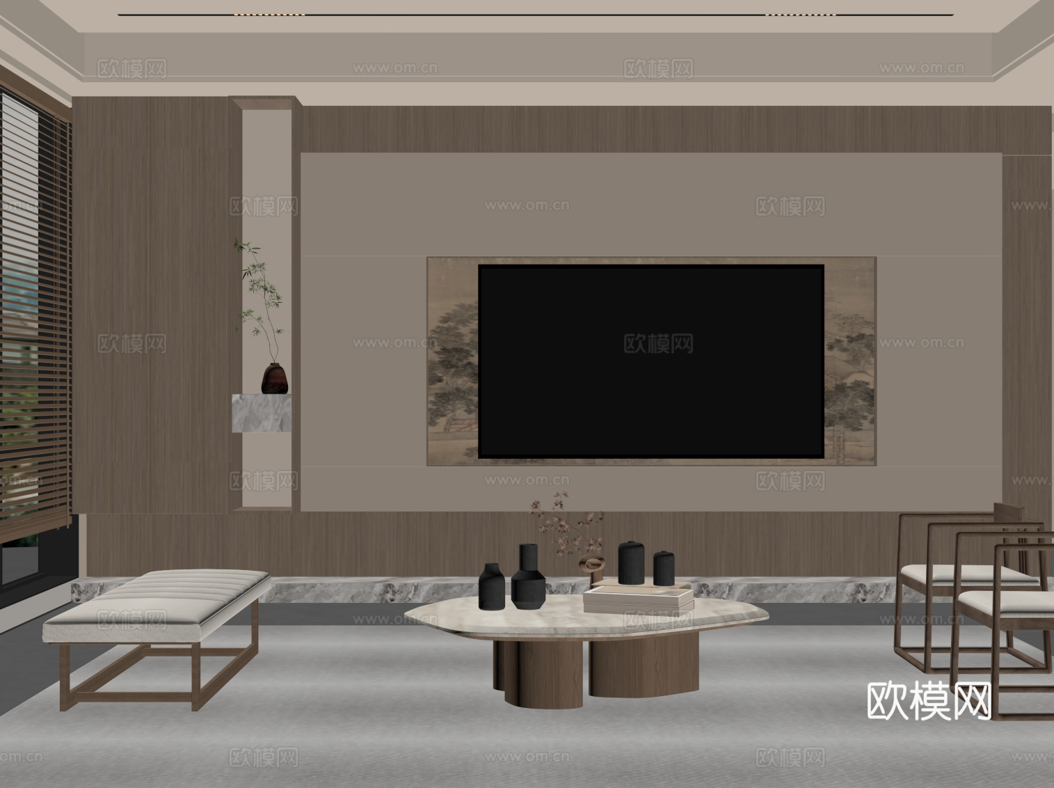 新中式客厅 宋式风客厅 电视背景墙 沙发茶几组合su模型