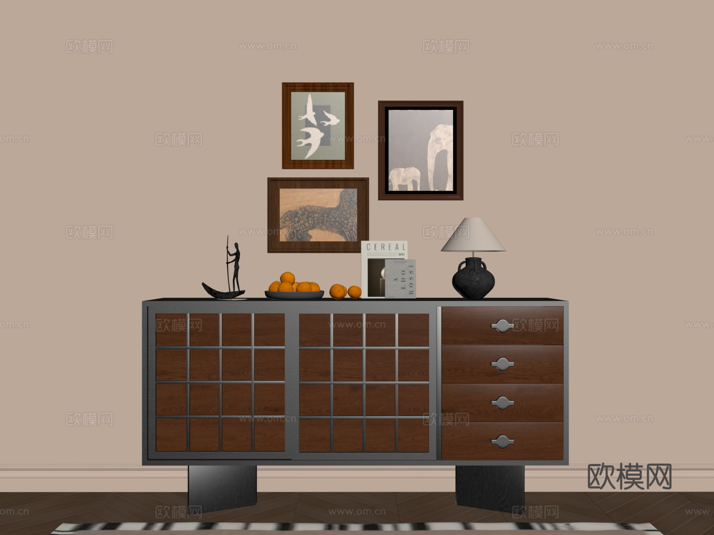 复古中古餐边柜 储物柜 收纳柜 玄关柜su模型