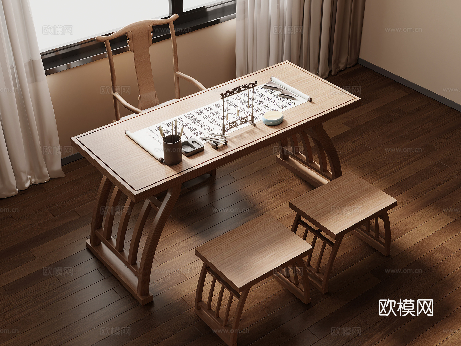 新中式书桌椅su模型
