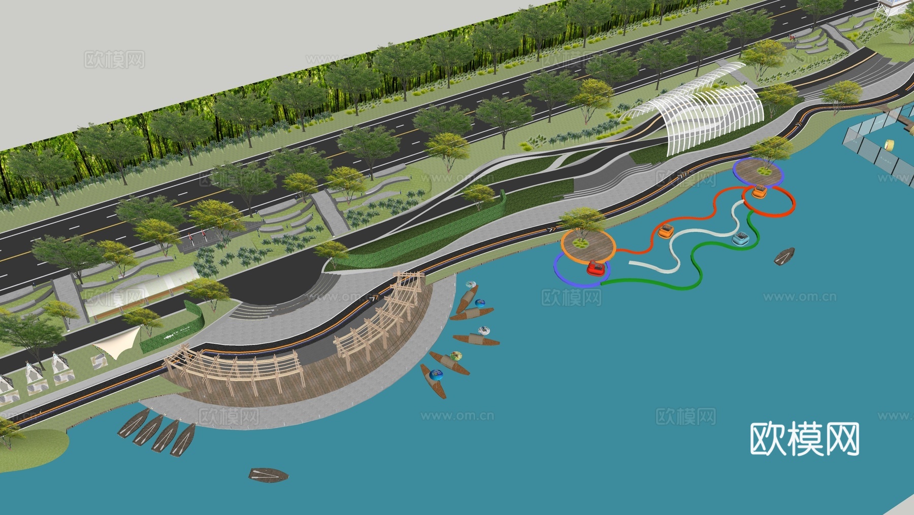 现代滨水景观 河岸景观 滨水景观公园 滨江栈道景观su模型