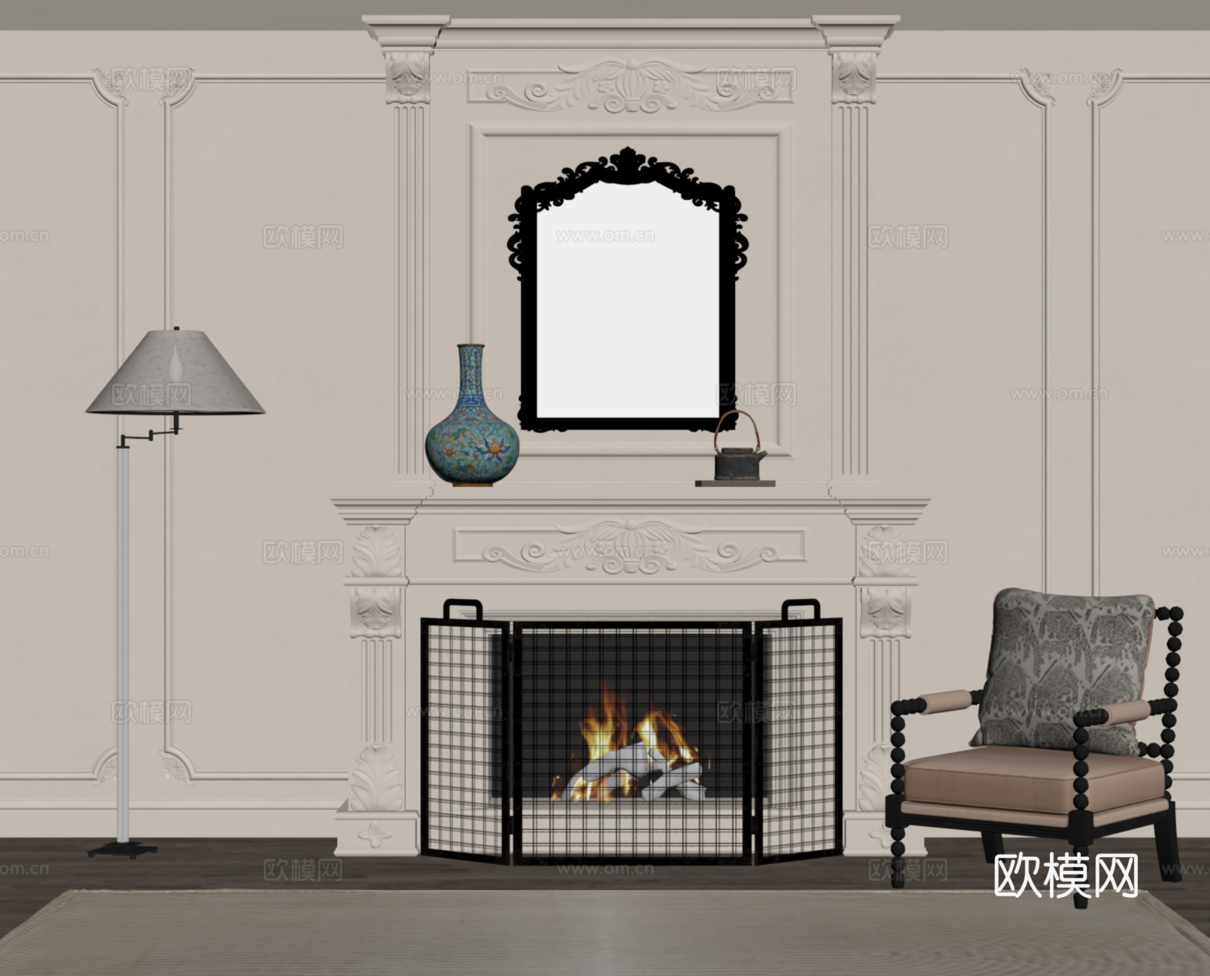 法式奶油风壁炉 落地灯 休闲椅su模型