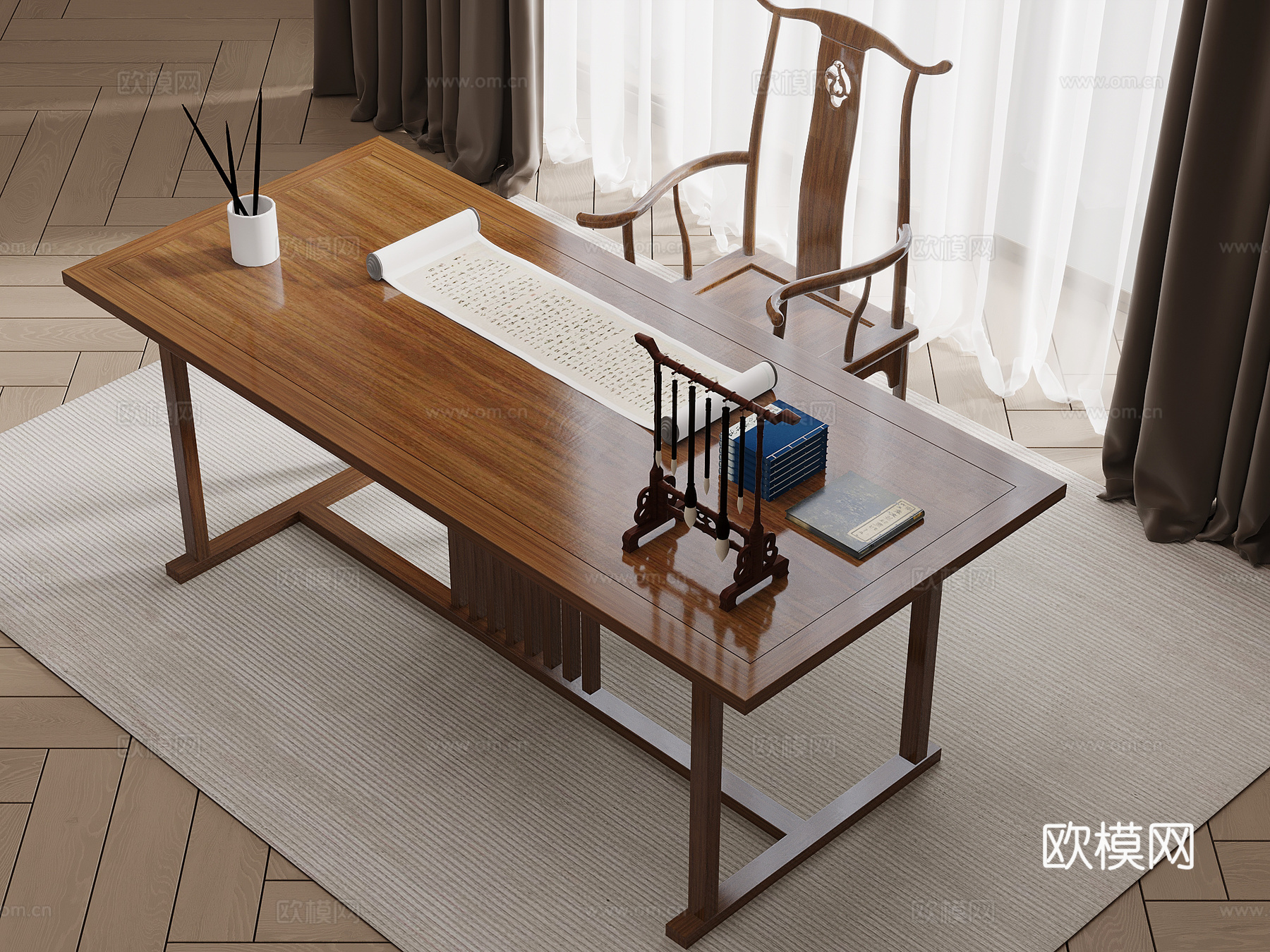新中式书桌椅su模型
