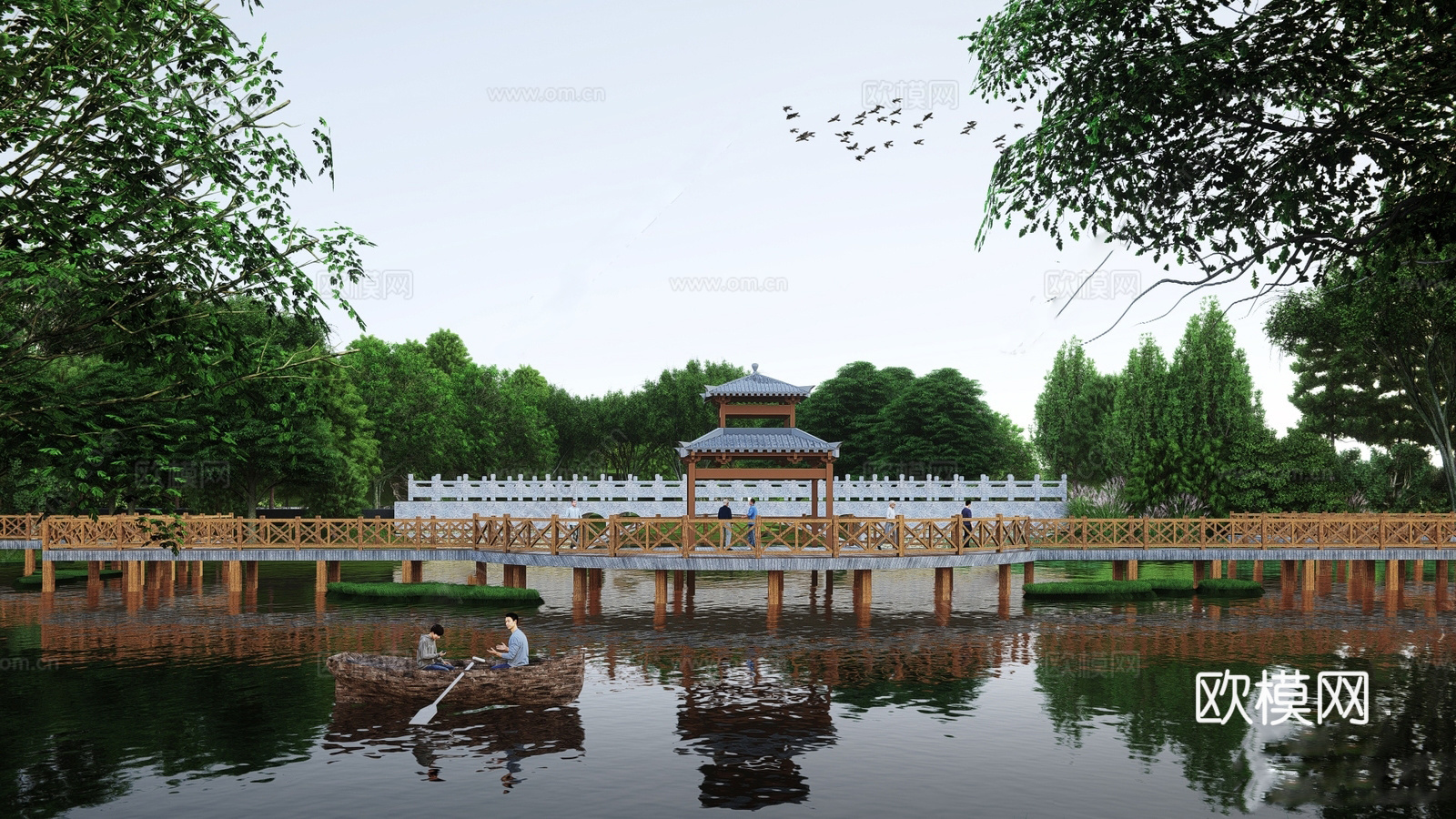 现代滨水景观 河岸景观 滨水景观公园 滨江栈道景观su模型