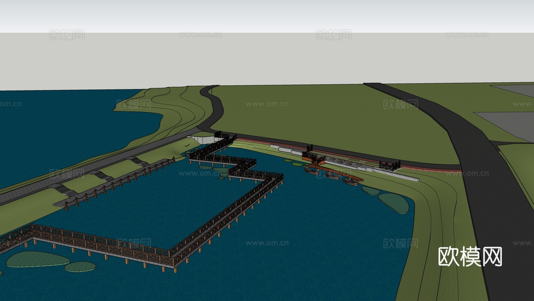 现代滨水景观 河岸景观 滨水景观公园 滨江栈道景观su模型