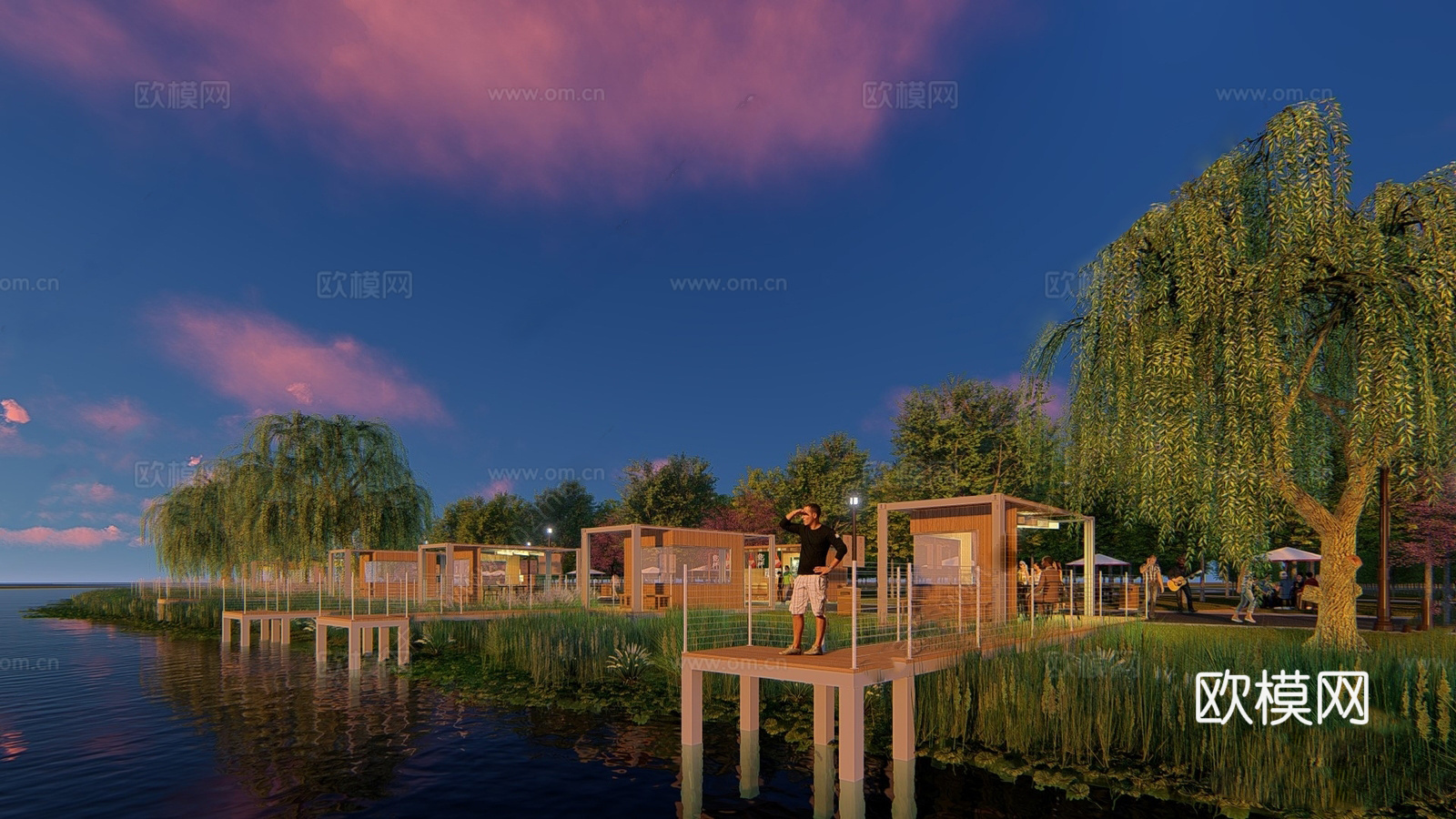 现代滨水景观 河岸景观 滨水景观公园 滨江栈道景观su模型