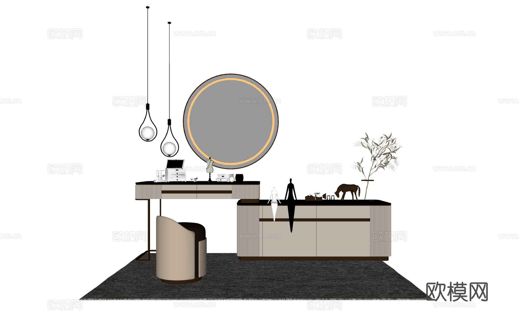 卧室 晾衣架 吹风机 衣服 化妆 桌子 镜子 梳妆镜 衣柜su模型